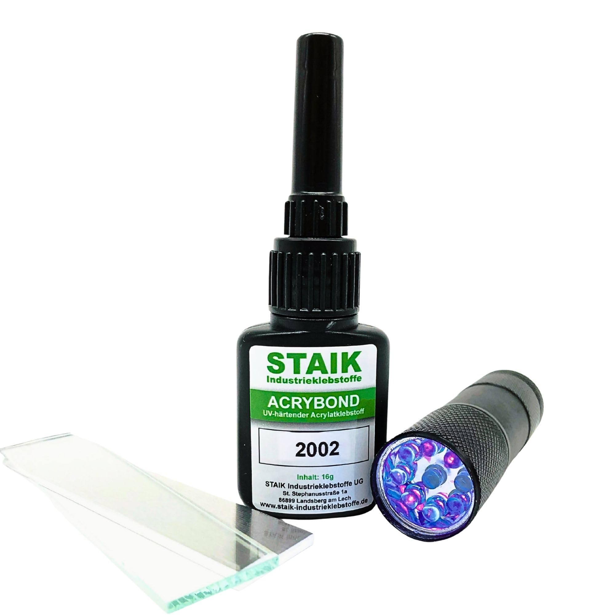 STAIK Acrybond UV-Kleber Glas Metall [16g] – Hochfester Glaskleber mit UV-Lampe | Für Glasreparatur, Möbel & Modellbau | Glasklar härtend in Sekunden | Made in Germany