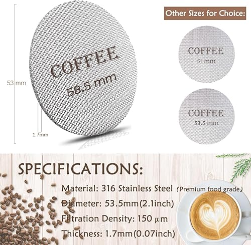 Miniatura 9 de Pantalla de disco reutilizable de 2.106 in para portafiltros de espresso, 0.067 in de grosor 150 m 316 de acero inoxidable cesta de filtro