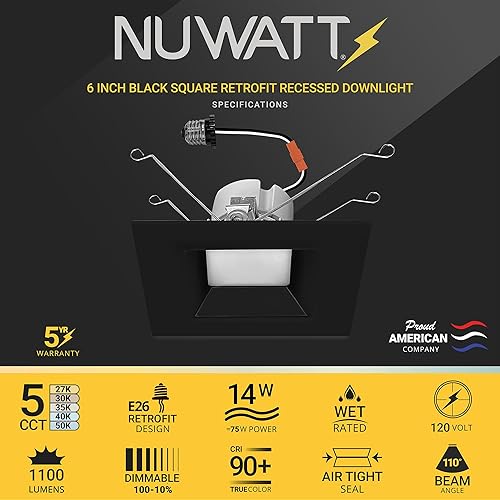 Miniatura 2 de NUWATT Paquete de 4 luces LED cuadradas negras de 6 pulgadas, CCT 2700K3000K3500K4000K5000K seleccionables, 1100 lúmenes, 14 W, regulable,
