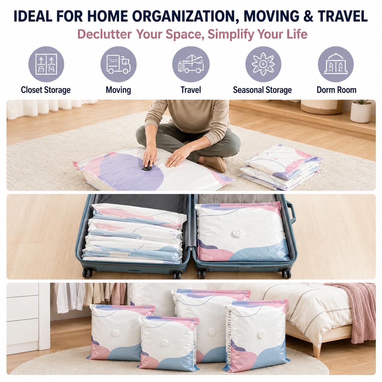 Bolsas De Almacenamiento De Vacío Sin Bomba, Bolsas de compresión herméticas, Organizador De Autocompresión De Ahorro De Espacio Para Ropa,Acogedores (6 unidades, 80 x 100 cm)