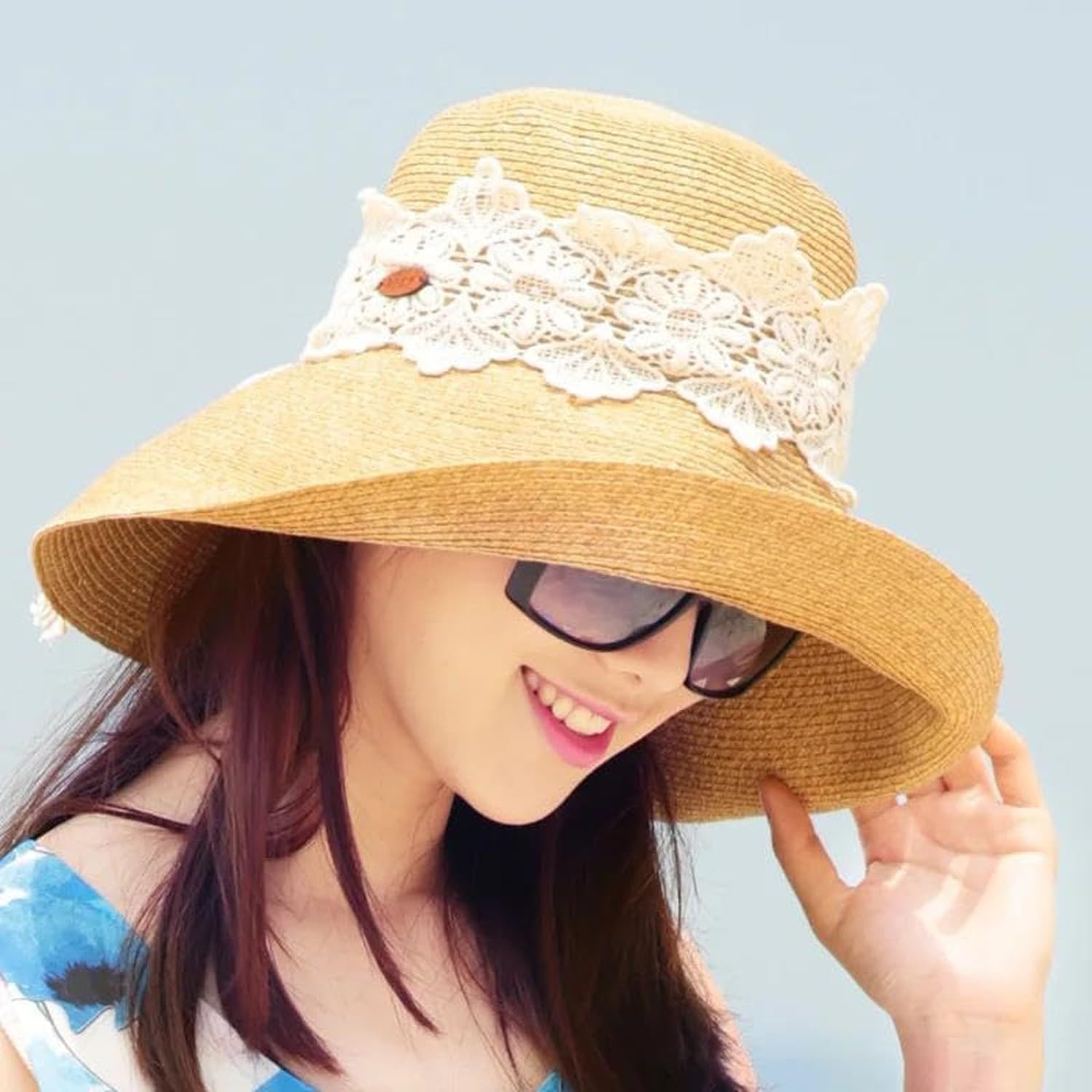 Sombrero de Paja Plegable ala Ancha, Visera Elegante y Protector Solar para Playa y Actividades al Aire Libre en Verano, Caqui