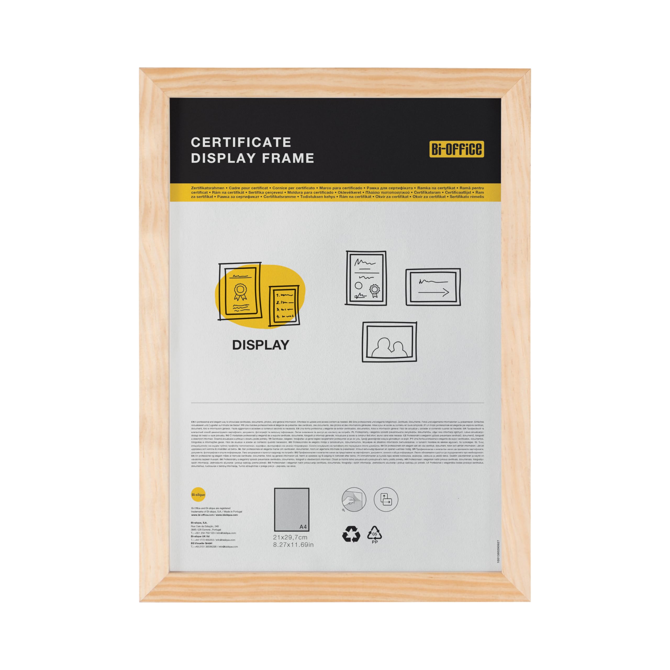 Bi-Office Certificate Display Frame, A4, Pine Frame