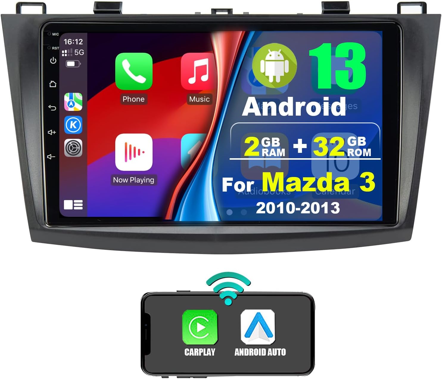 Android 13 Car Radio Stereo for 2010-2013 Mazda 3, Apple CarPlay & Android Auto 2+32GB Car Stereo Receiver with 9-inch IPS Screen Head Unit,Support GPS Navi, Bluetooth, WiFi, SWC, AM/FM RDS Radio