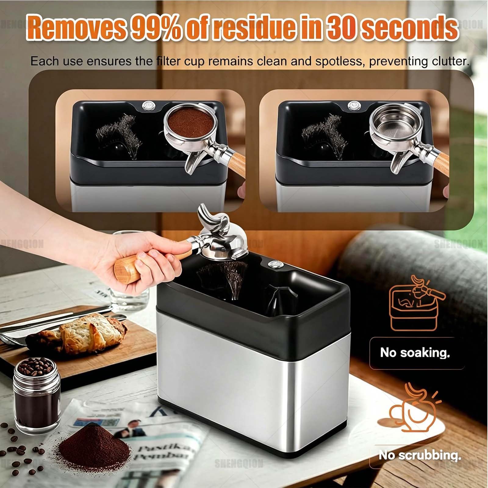 Máquina Limpiadora De Posos De Café, Limpiador De Mango De Máquina De Espresso, Eléctrico Y Automático Con Doble Cepillo, Compatible Con Portafiltros 58mm/51mm, Para Cafetería(Black)