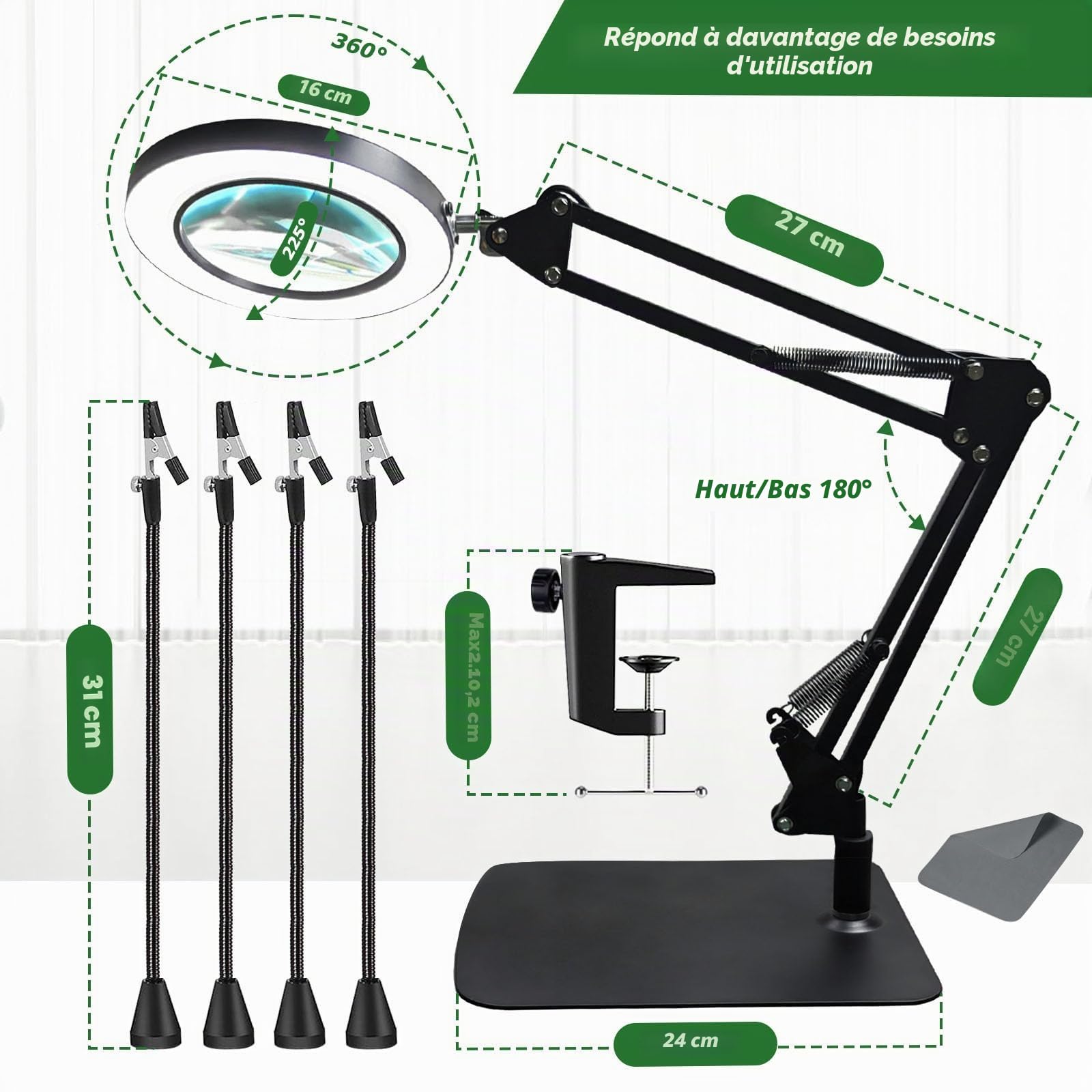 Troisième main - Aide à souder magnétique - Avec loupe 10 x - Station de soudage avec 4 colonnes PCB et 4 bras flexibles - Aide à la soudure pour soudeurs, fabricants de bijoux, artisanat, amateurs