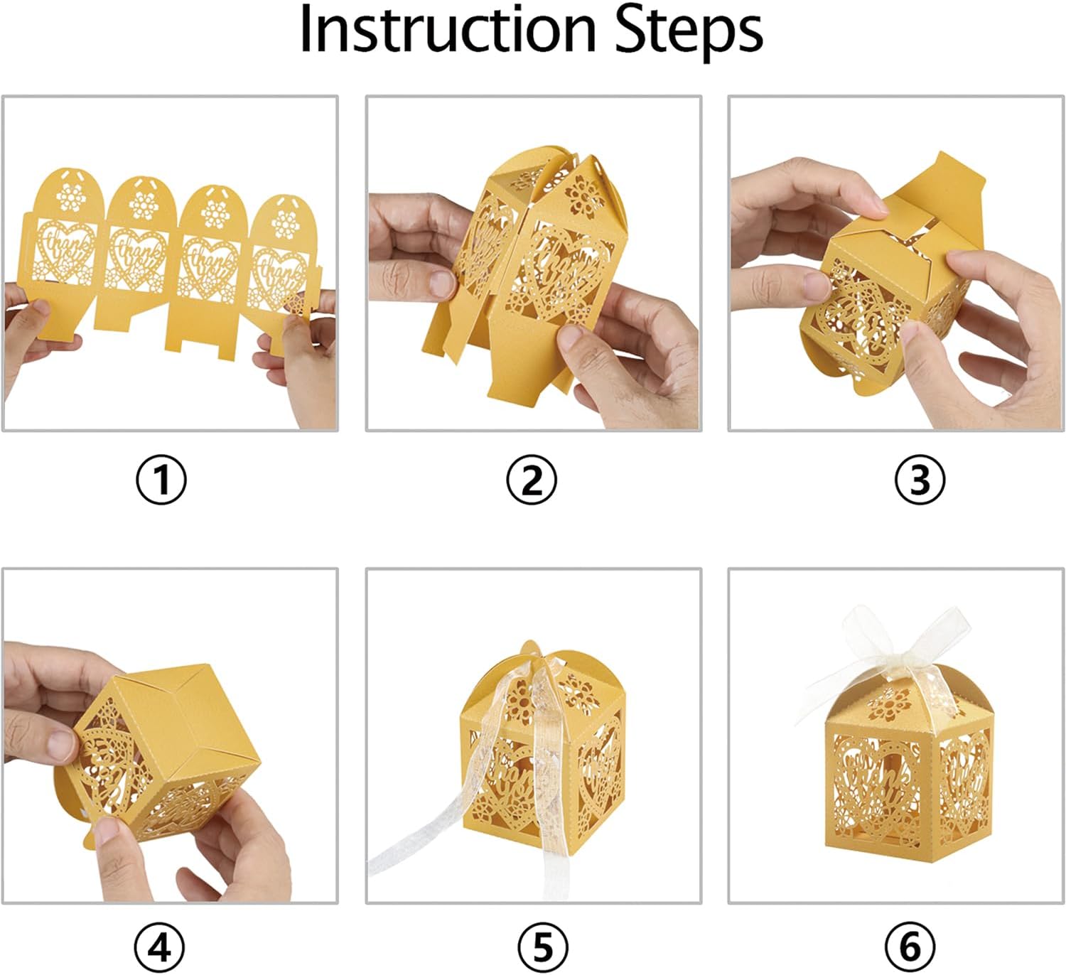 COTOPHER Laser Cut Boxes, 100pcs Thank You Gift Boxes Wedding Party Favor Boxes Lace Candy Boxes for Wedding Bridal Shower Baby Shower Birthday Party Decorations with Ribbons (2x2x2.75inch, Gold, 100) - Image 6