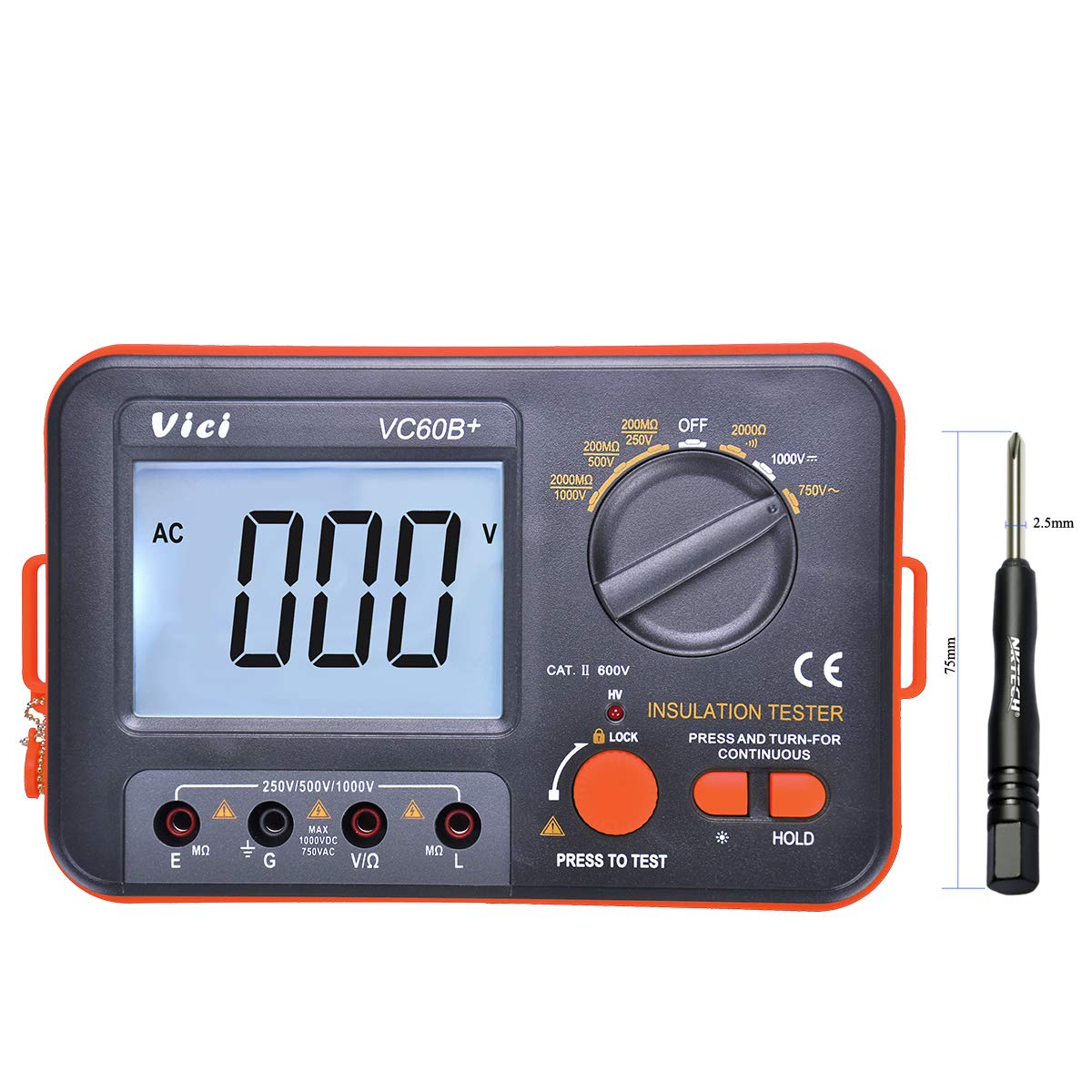 VICI VC60B+ Testeur de mégohmmètre numérique Mégohm Isolant LCD DC AC Tension Résistance DC-250/500/1000V AC-750V Multimètre Testeur avec Tournevis TL-1