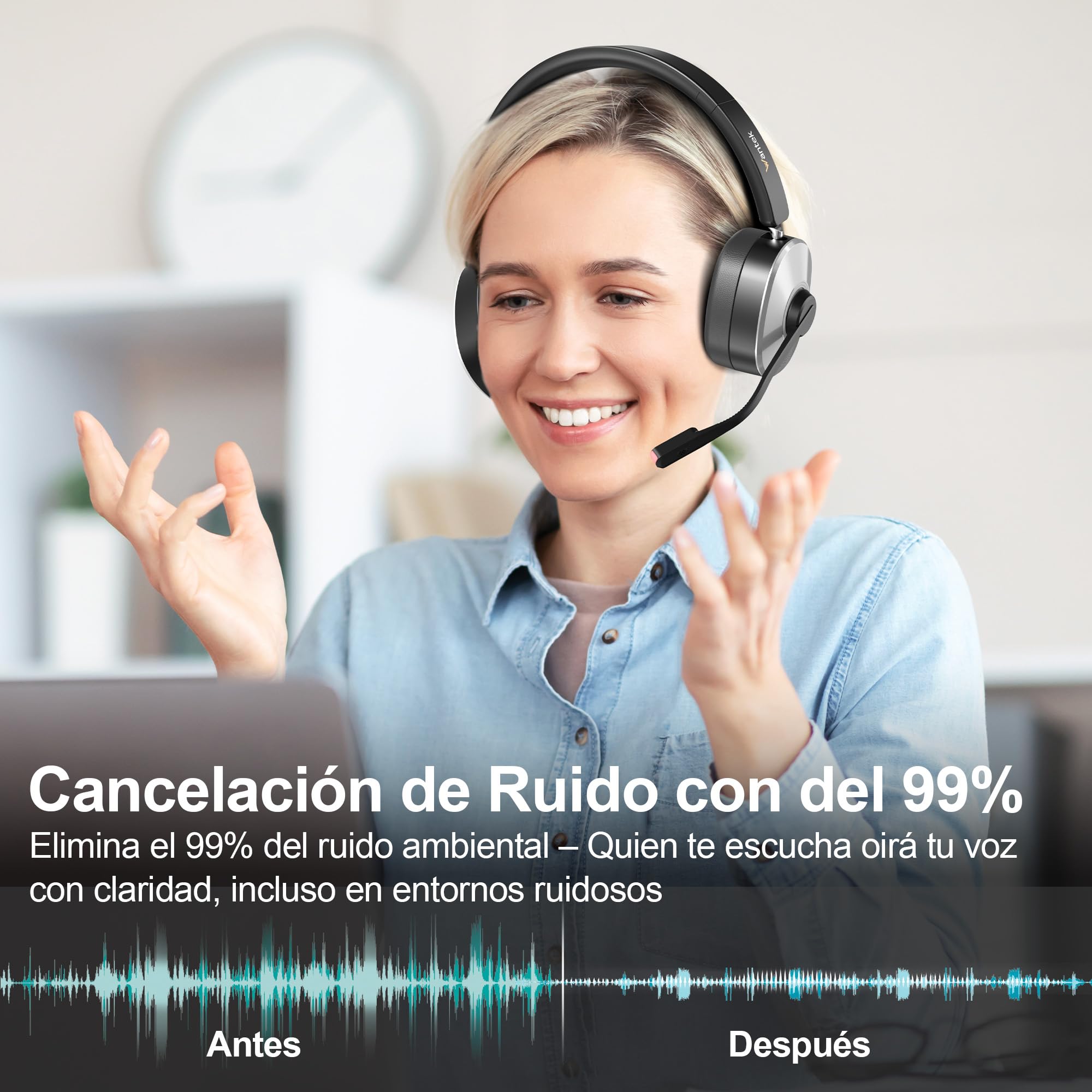 Wantek Auriculares Bluetooth inalámbricos con Micrófono para PC Laptop | Micrófono con Cancelación de Ruido,Dongle USB & estación de Carg,Botón de Silencio para Oficina,Teletrabajo,Teams zoom