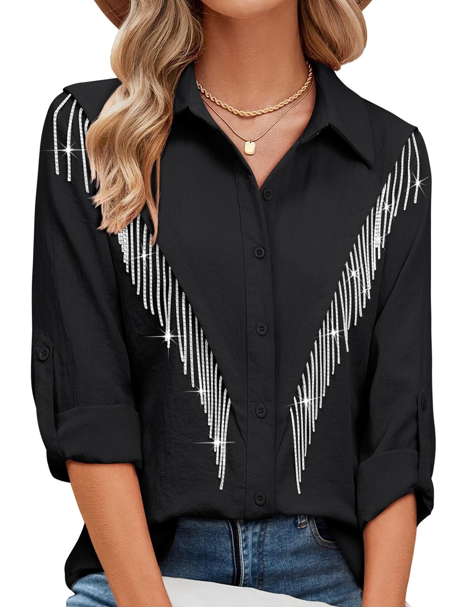 Lockenstab Womens Rhinestone Fringe Button Down Shirt Rolled 3/4 Sleeve Sparkly Top Concert Nashville Western Cowgirl Outfit(A-black,M)