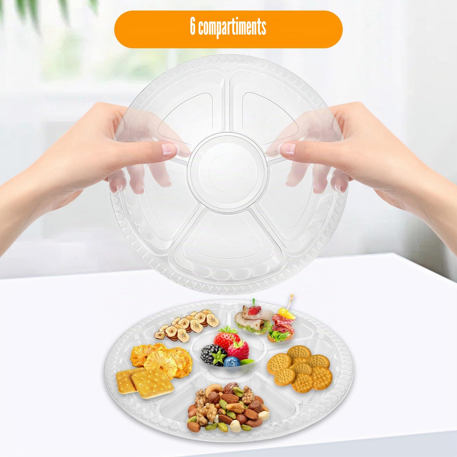 Lot de 20 plateaux à compartiments avec couvercles pour collation, 31,5 x 5 cm, plateau de service divisé avec couvercle, plateau de service avec couvercles et 6 sections, plateau à goûter en