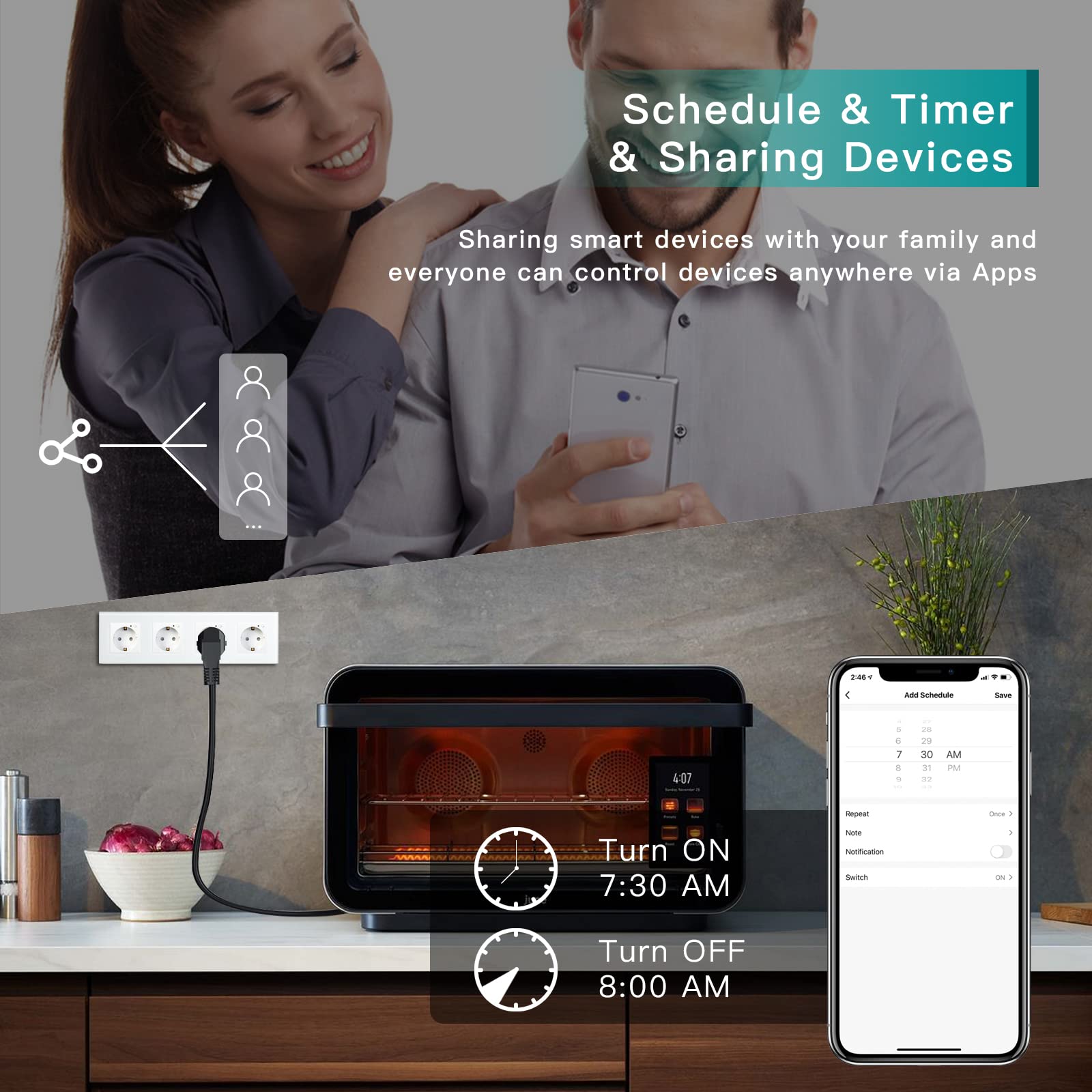 BSEED Schuko Smart Alexa ZigBee 4 enchufes Schuko 16A enchufe de cristal, 1 pack, 1 vía, blanco, 299mm, instalación empotrada, control por APP, funciona con Alexa/Google Home DIY Free Spin solo 2,4