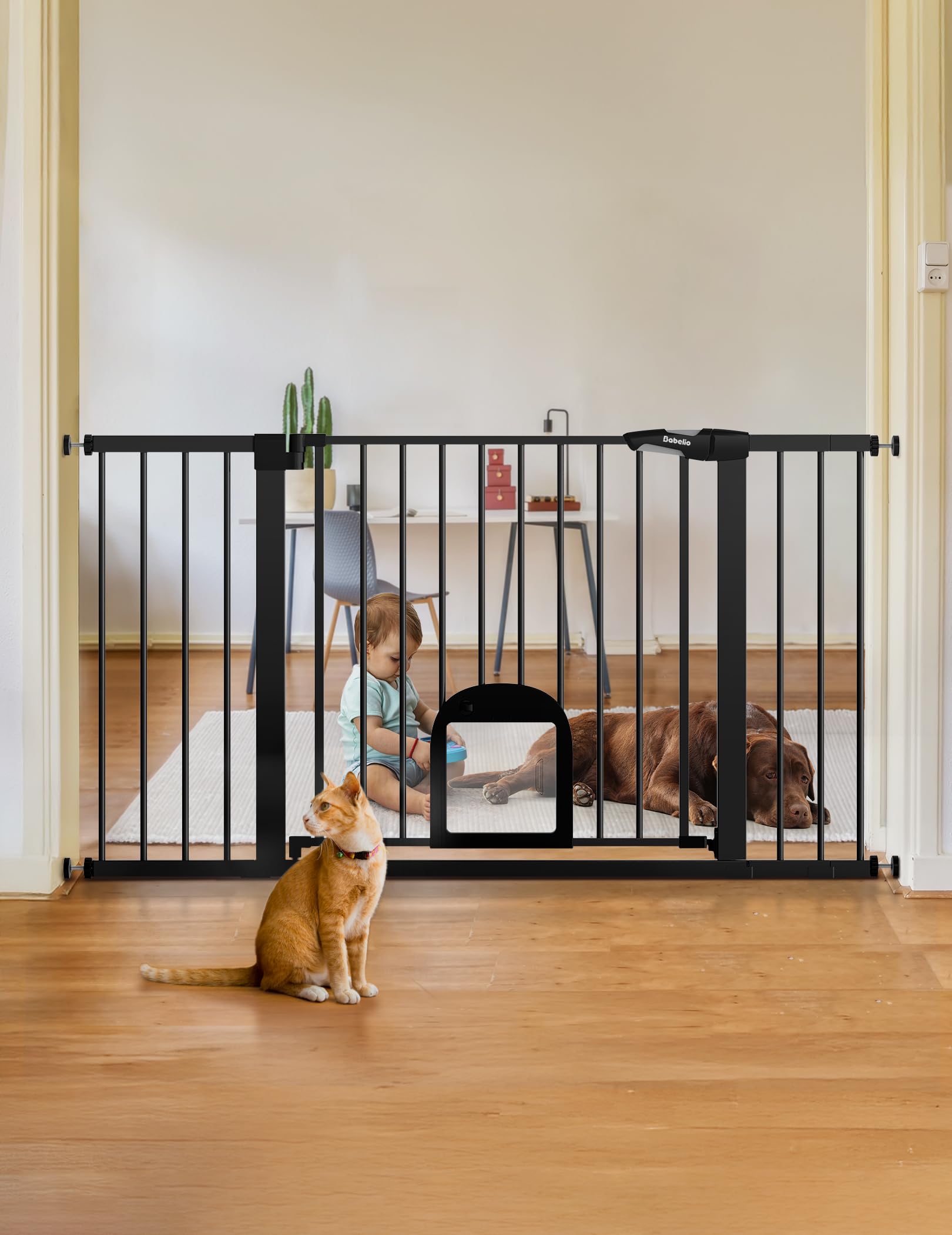Babelio 36.5-57" Extra Wide Baby Gate with Cat Door,Auto Close&Two Way Swing,Pressure Mounted Dog Gates for Stairs,Doorways,Includes 4 Wall Cups and 3