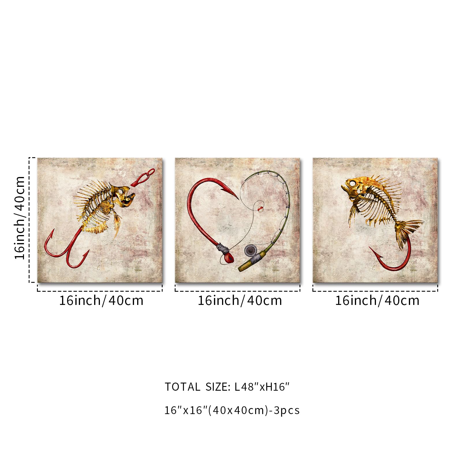 Amazon.com: KREATIVE ARTS Vintage Fish Hook and Bone Wall Art Set of 3  Rustic Fishing Canvas Prints for Man Cave Cabin Office Living Room Bathroom  Bedroom Kitchen Decor Each Panel 16x16 Inch: