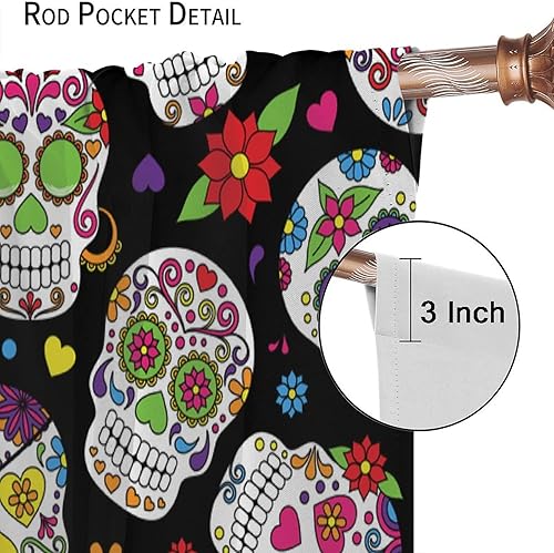 Miniatura 6 de Divertidas cortinas opacas de calavera de azúcar, cementerio del día de los muertos, diseño floral de México, telón de fondo negro, cortinas de