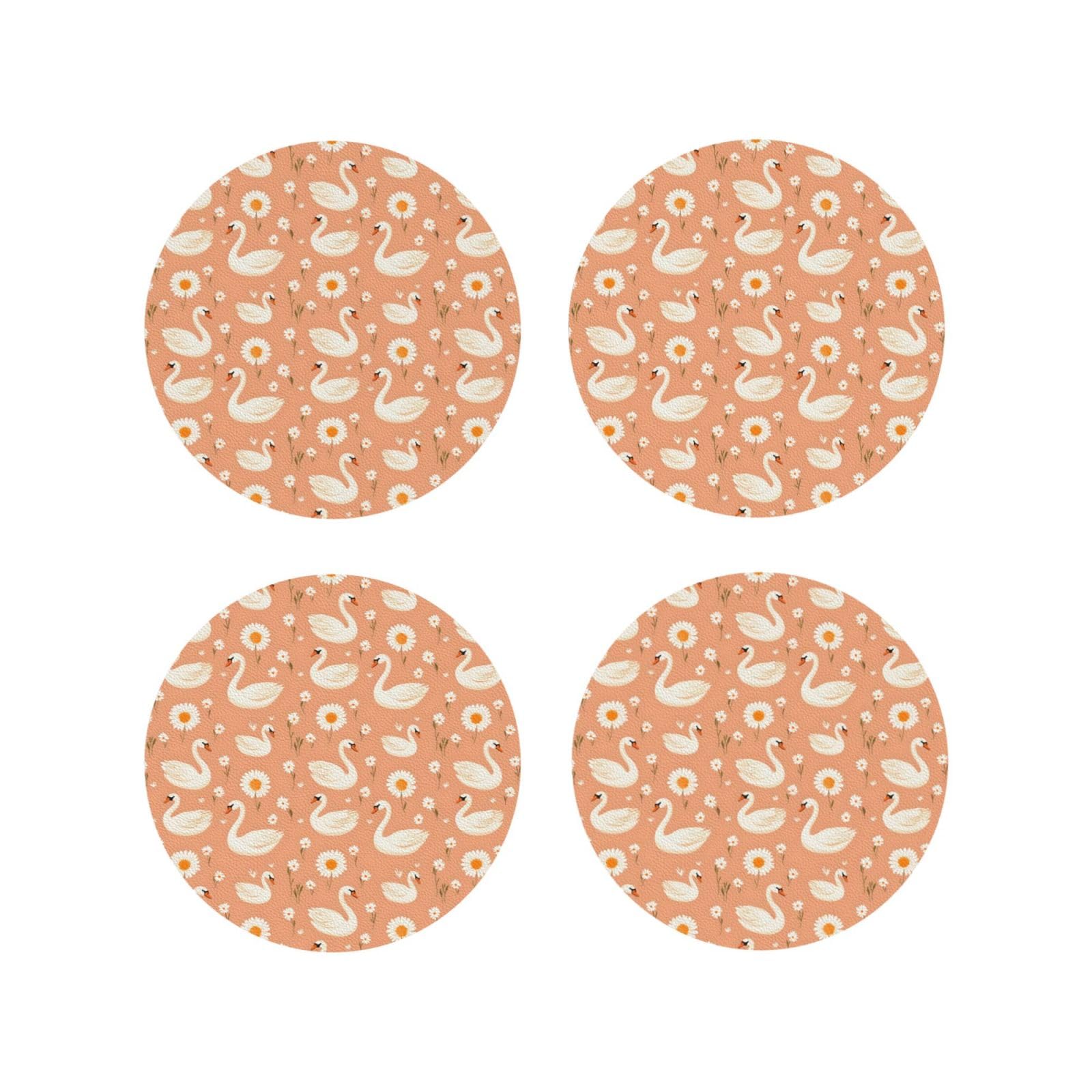 Leather Coasters Set of 4 - Cute Swan Daisies Print Lightweight Drink Coasters for Desk