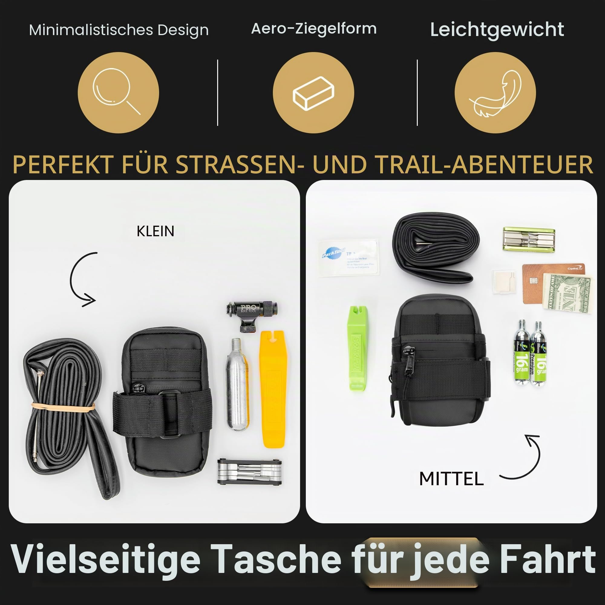 Lumiere & Co. Mittelgroße Fahrradsatteltasche – 0,5L | 6″ × 3″ × 1,5″ | Schlankes minimalistisches Design, sicherer Klettverschluss (Schwarz, Mittel)