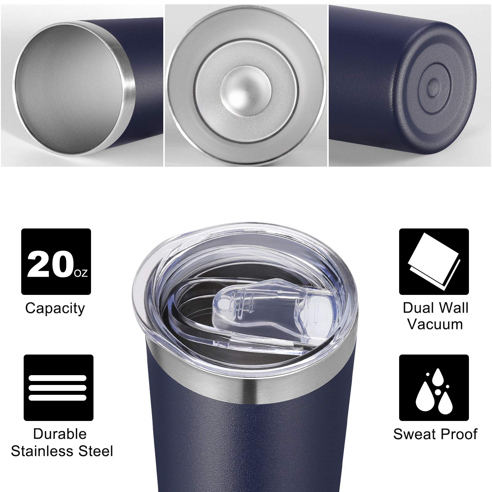 VEGOND Vasos de acero inoxidable a granel, paquete de 6, vasos delgados aislados al vacío de 20 onzas con tapa y popote, taza de café de doble pared, taza de agua de viaje, azul marino