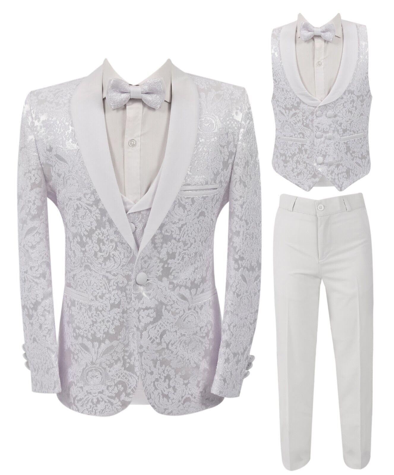 SIRRI Ragazzi Smoking Slim Fit Fantasia Abito Formale Comunione Ballo di fine Anno Matrimonio 5 Pezzi Set Completo in Bianco