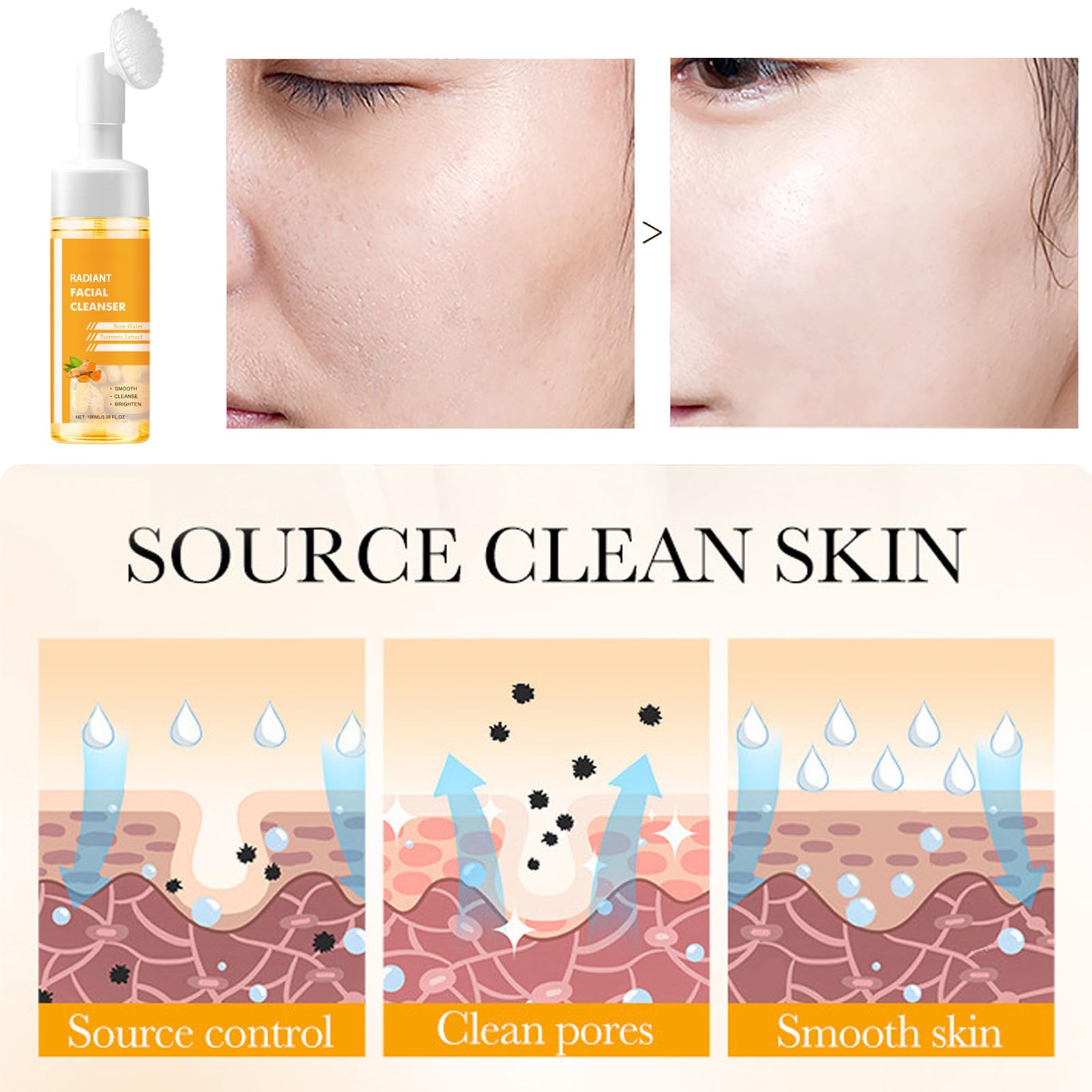 Turmeric Face Wash with Brush, Foaming Facial Cleanser for Women Improves Blemishes, Zits, & Evens Skin Tone - Image 3