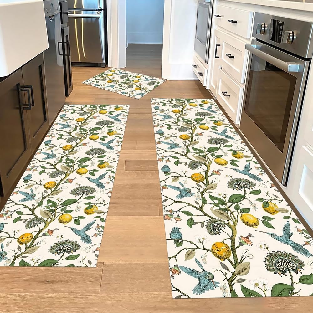 Lemon Tree Floral Hummingbird Kitchen Rugs Sets of 3,Non Slip Rubber Kitchen Mats for Floor Farmhouse Washable Kitchen Area Rugs Floor Carpet Runners