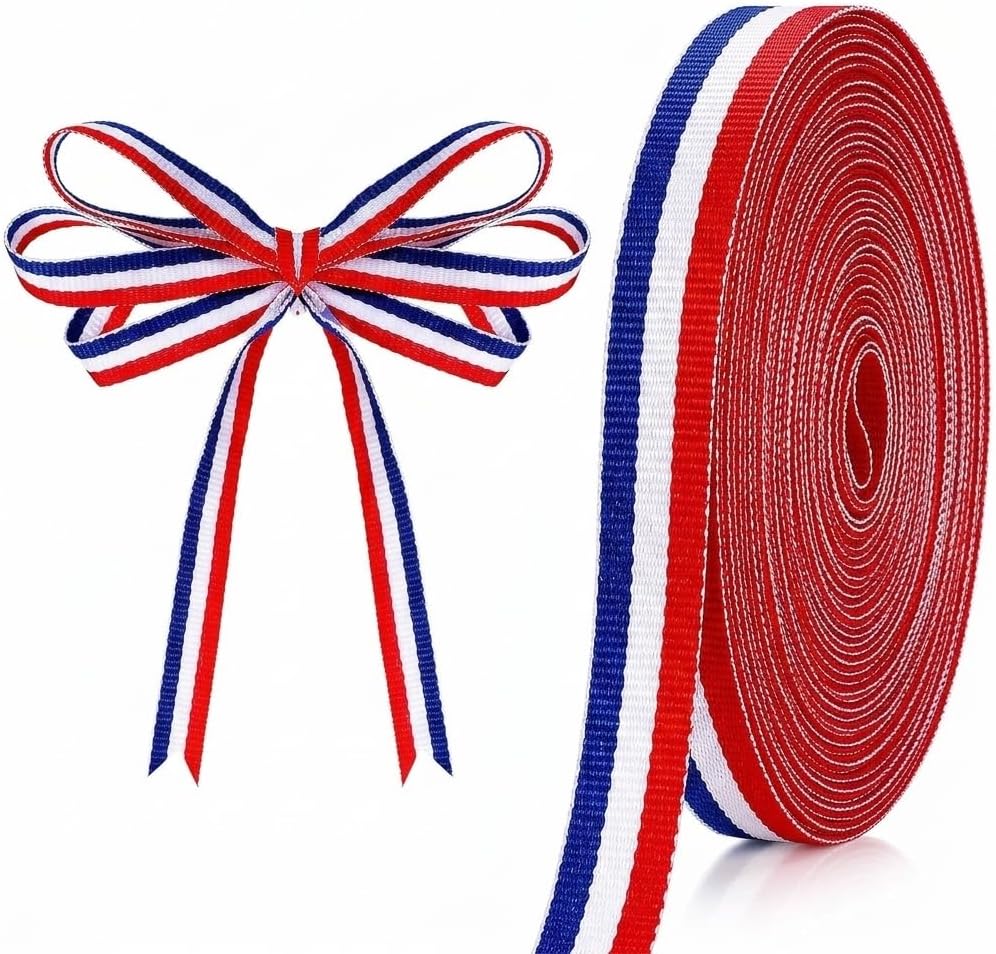 Patriotic Red White Blue Striped Grosgrain Ribbon, 3/8-Inch x 50-Yard, American Flag Style Fabric Ribbon for Memorial Day Gift Wrapping, 4th of July Party Decoration, DIY Crafting & Sewing Accessories