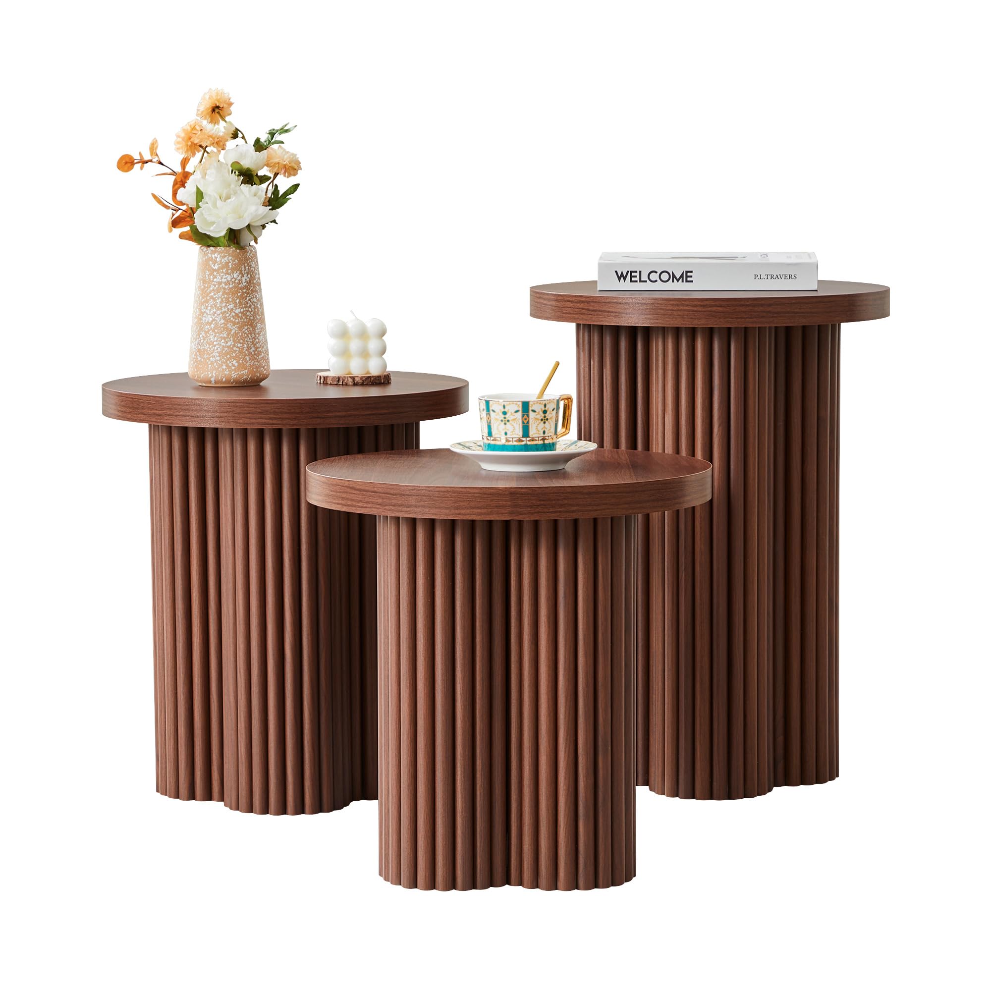 Round Nesting Coffee Table Set of 3 Fluted Coffee Table (Walnut)
