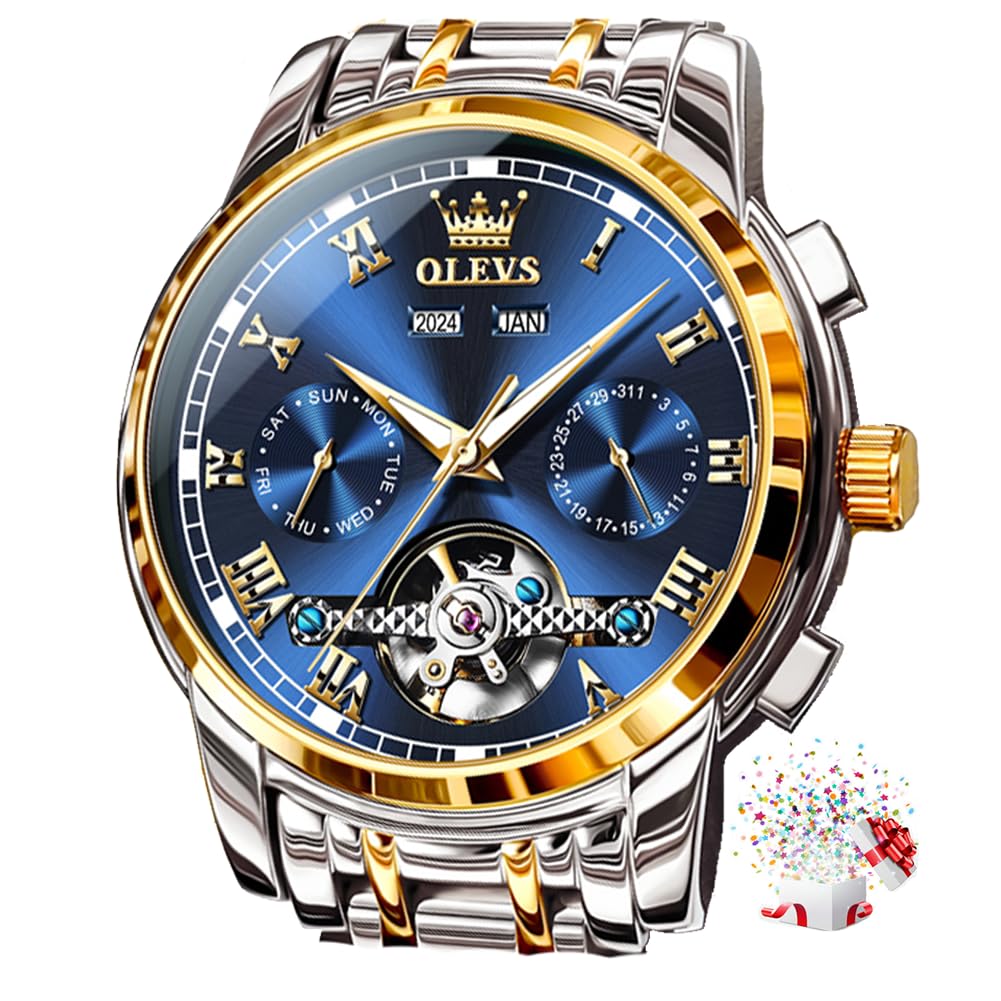 OLEVSSelf Winding Watches for Men Automatic Mechanical Dress Tourbillon Stainless Steel Dual Calendar Waterproof Luminous Wrist Watch