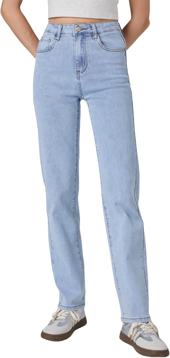 Women’s High-Rise Straight Leg Jeans, Tummy Control, Slim Fit Stretch Denim