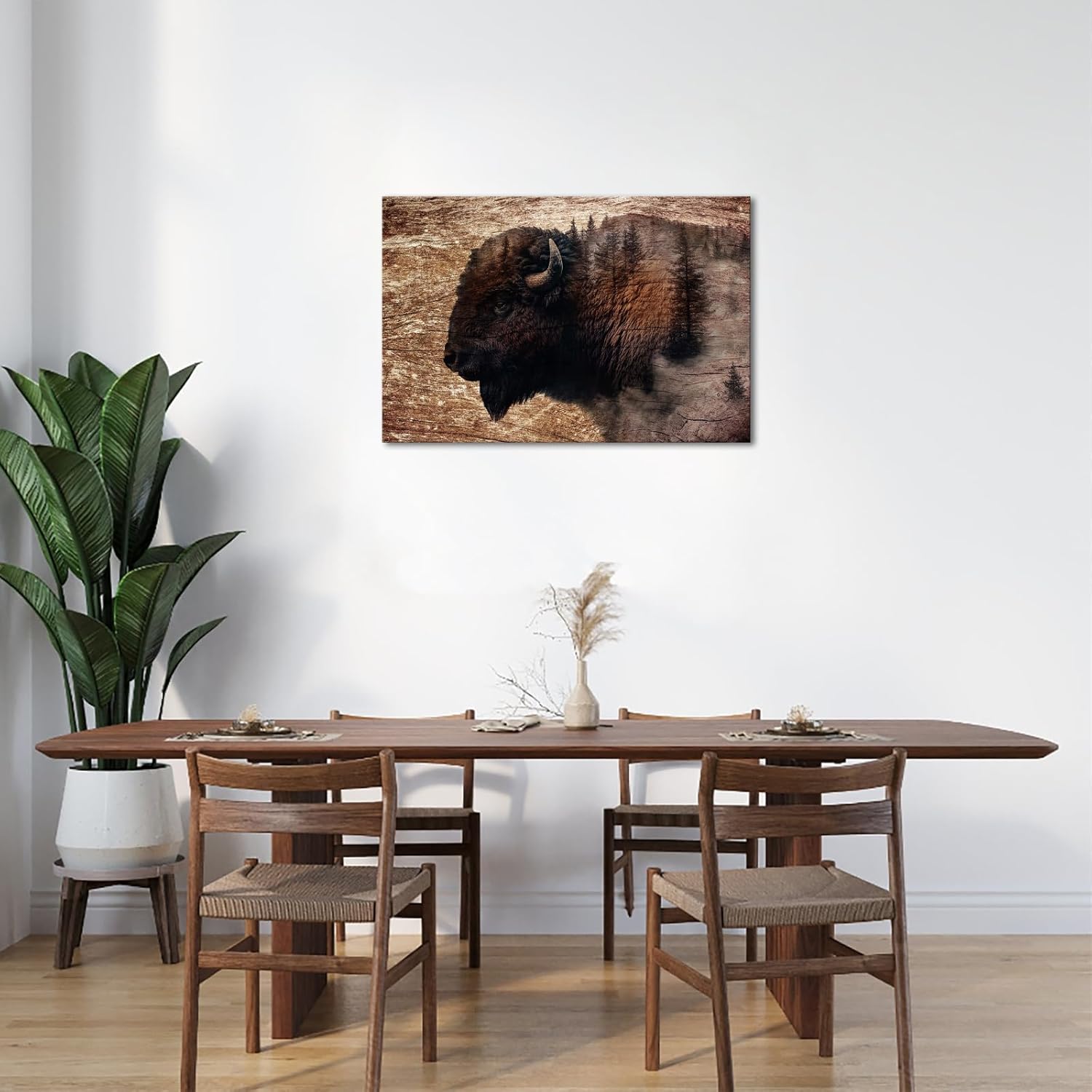 VANSEEING Bison Wall Art Canvas Print Double Exposure Buffalo Mountain Forest Animals Wildlife Artwork Painting Rustic Sepia Brown Farmhouse Wall Decor for Living Room Bedroom Office 24"x36"