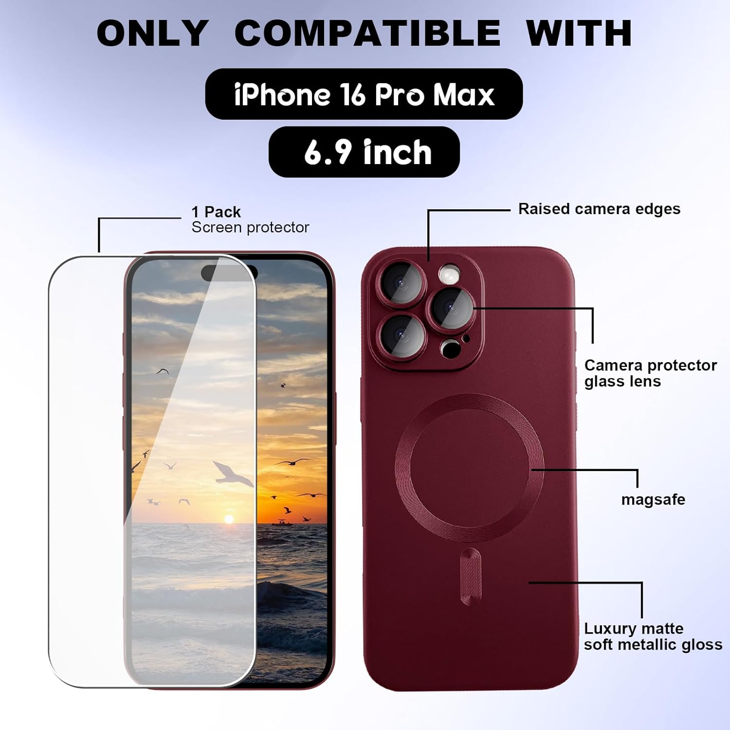 Magnetic for iPhone 16 Pro Max Phone Case for Women, [Compatible with Magnetic] Matte Soft Metallic Design with Lens Protectors and 1 Screen Protectors for iPhone 16 Pro Max 6.9"-Wine Red - Image 3