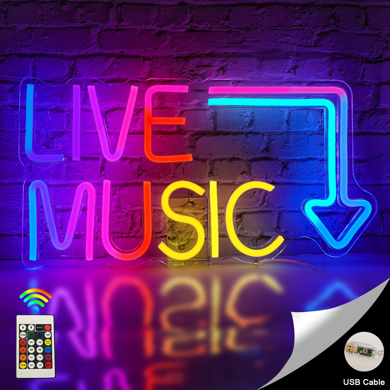 Horseneon Insegna al neon per musica dal vivo Insegna al neon musicale con luci cambianti RGB Lettera Luce al neon Musica Luci al neon con telecomando per camera da letto Bar Studio musicale Festa
