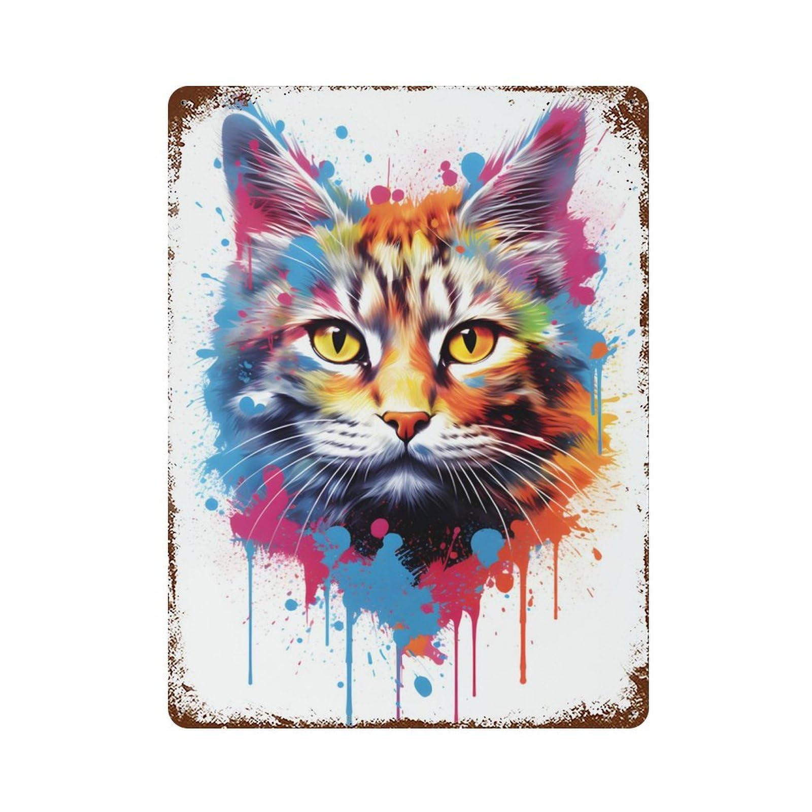 Staring Cat in Colors Rusty Metal Tin Sign 15.7"x11.8", Ideal for Patio, Garden Room And Bar Decor