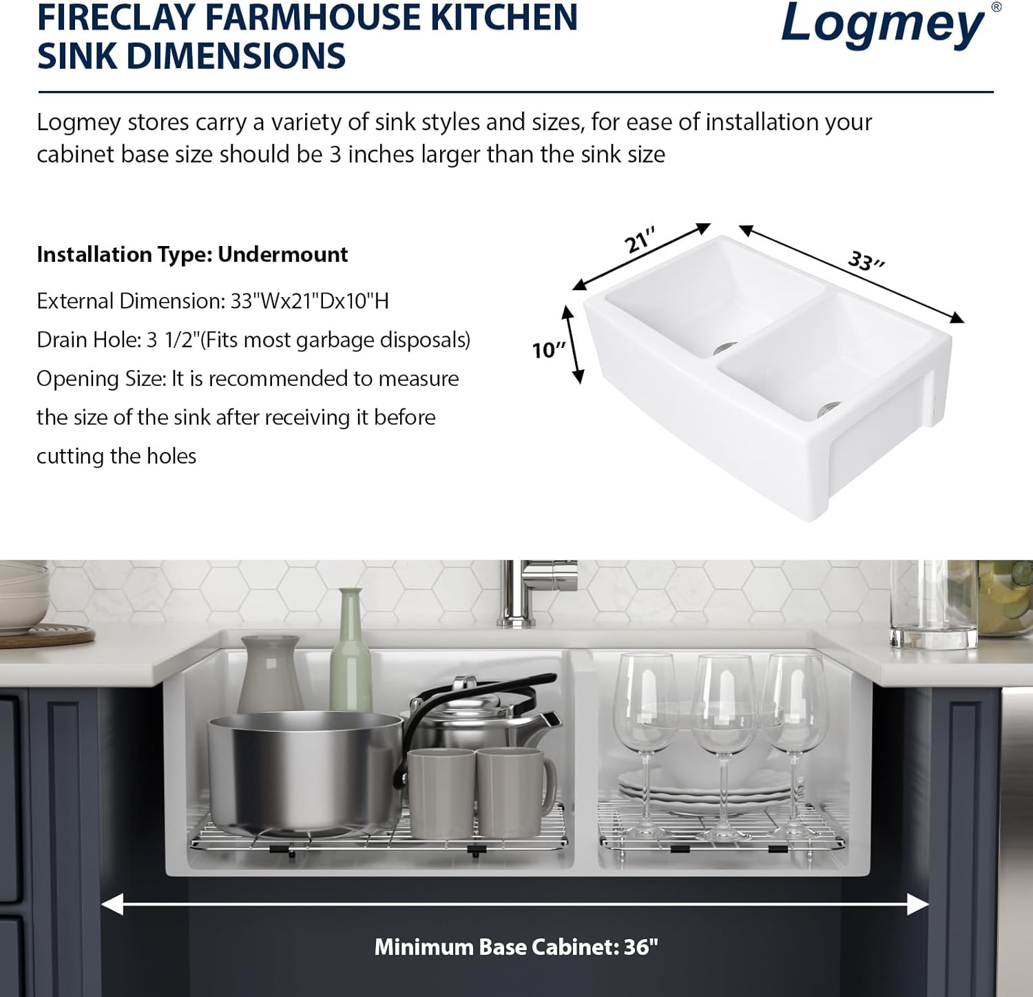 Logmey 33 Inch White Farmhouse Apron Front Kitchen Sink 33 x 21 x 10 Inch 60/40 Double Bowls Undermount White Fireclay Ceramic Farm Sink for Rustic Classic Style