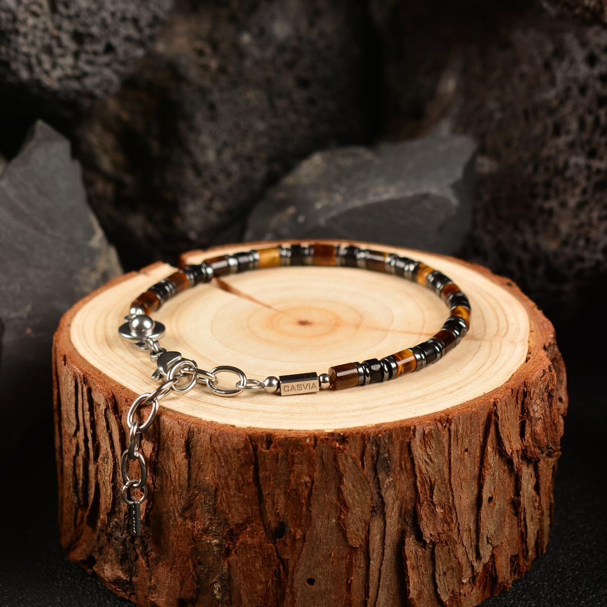 Men's Tiger Eye & Obsidian Hematite Bracelet, Nightfall Glow Collection, Adjustable Stainless Steel Dual-Clasp, Handcrafted Original Design, Durable for Daily Wear, Ideal Gift for Men, Dad, Boyfriend