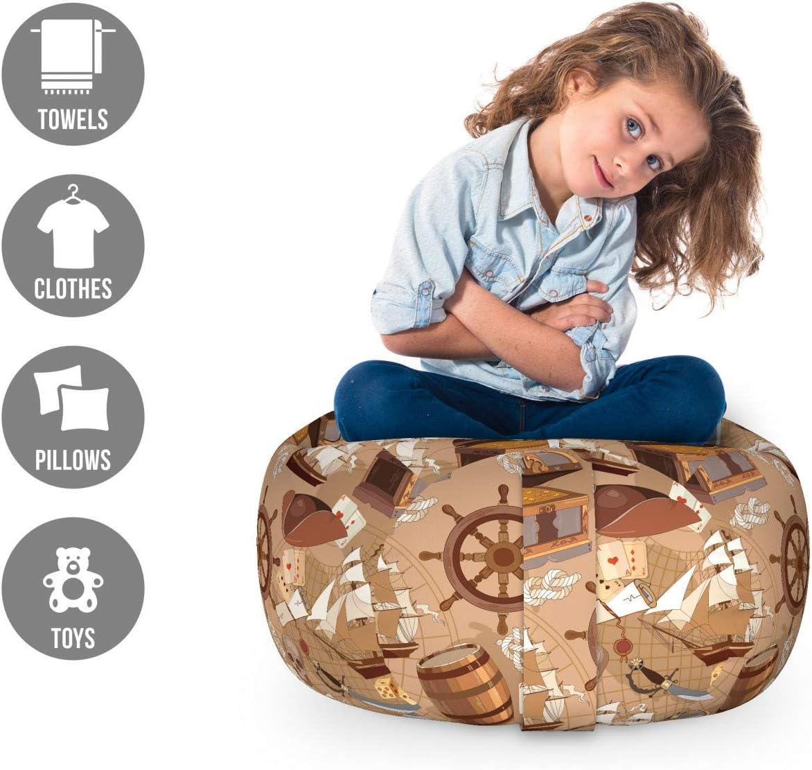 Ambesonne Pirates Storage Toy Bag Chair, Scroll Old Pirate Treasure Map Pattern Adventure Stories Concept, Stuffed Animal Organizer Washable Bag, Small Size, Pale Brown White Grey