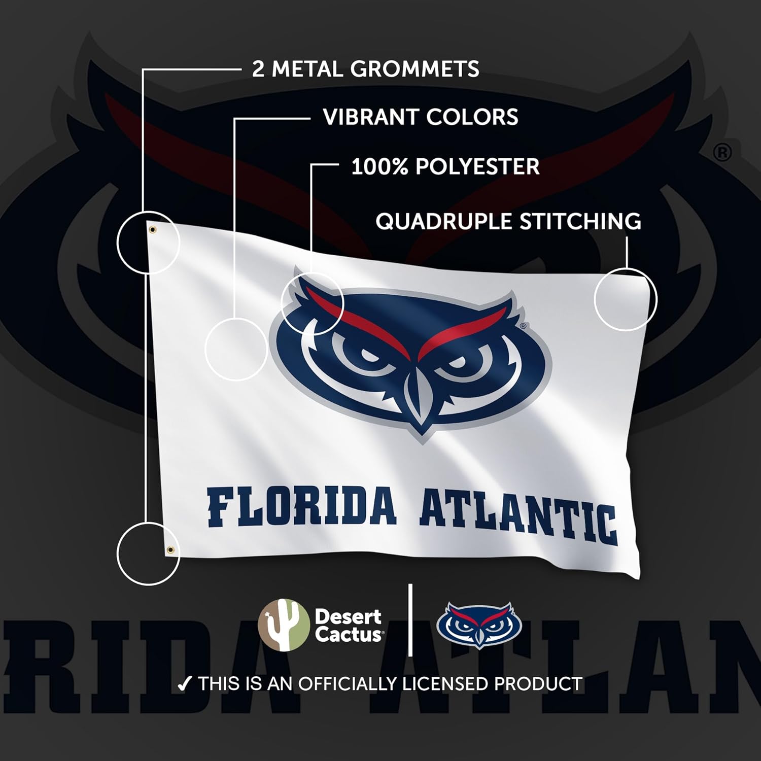 Desert Cactus Florida Atlantic University FAU Flag - 3 x 5 Feet Owls Banner, Indoor/Outdoor Durable Fabric, 100% Polyester Design (Style A1)