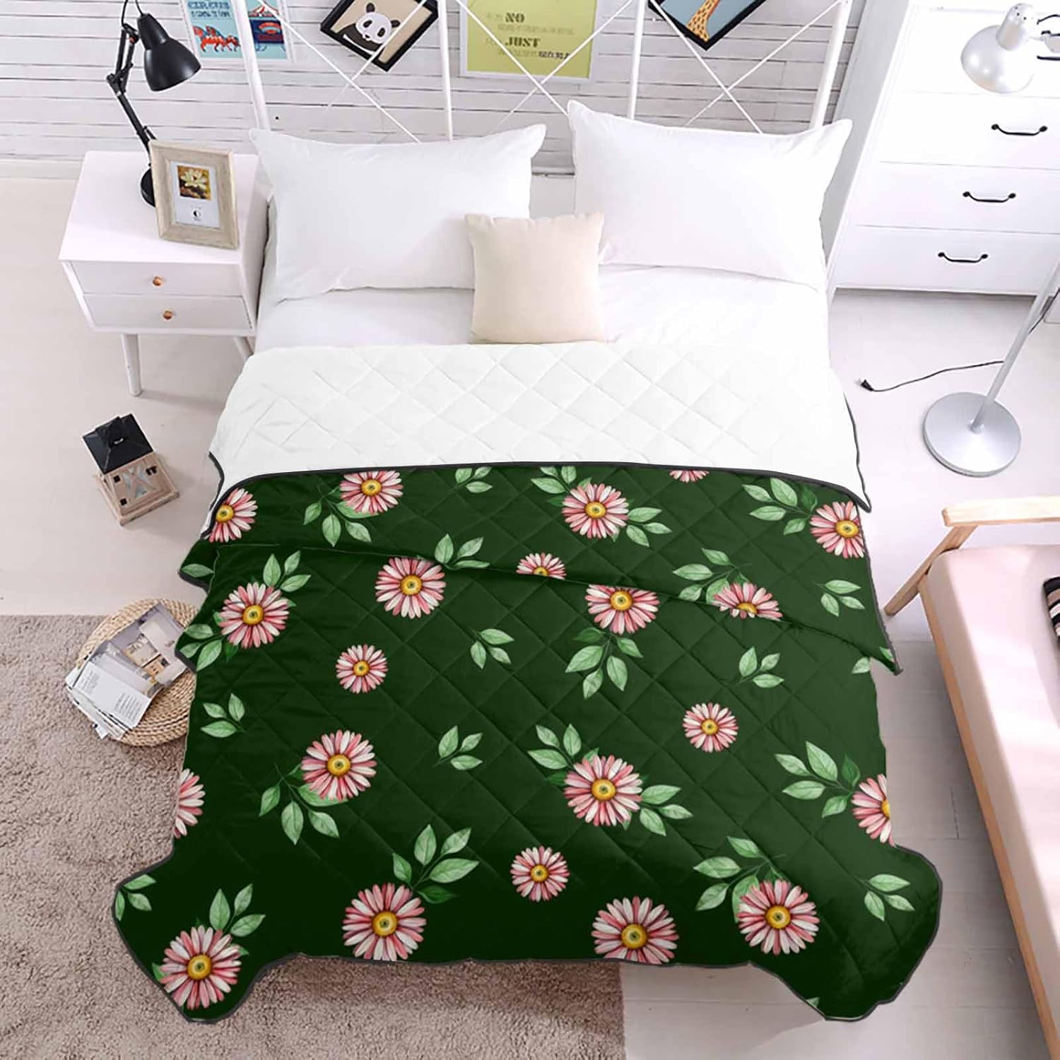 T&H XHome Quilt California King Luxury Quilted Comforter Bedspread-Thin Soft Cozy, Country Rustic Floral Daisy Leaves Dark Green Reversible Stitched Lightweight Quilt Coverlet for All Season
