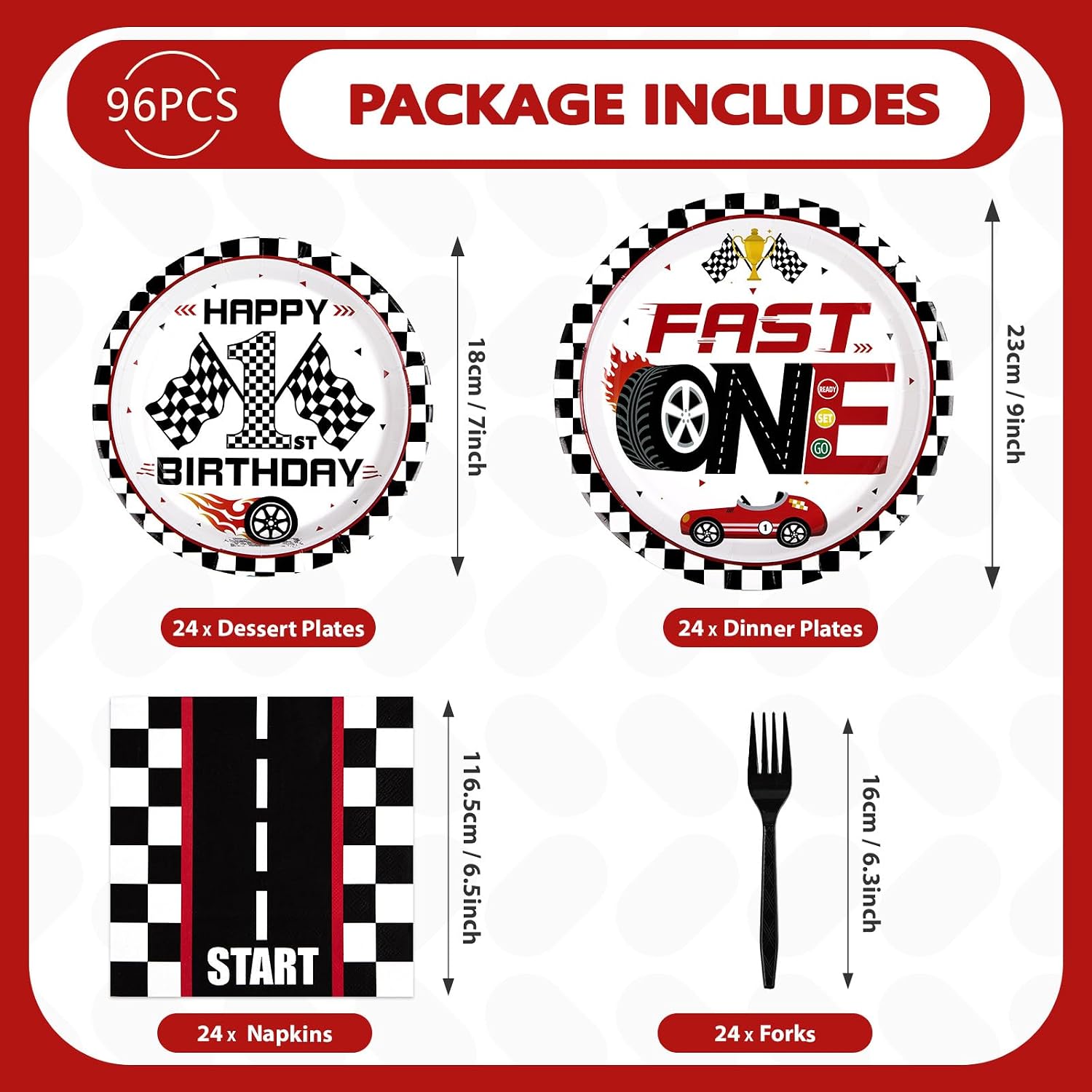 96 Pcs Fast One Birthday Decorations Race Car 1st Birthday Plates and Napkins Tableware Sets Racing Car First Party Decorations for Kids Boys 1 Years Old Party Supplies Serves 24