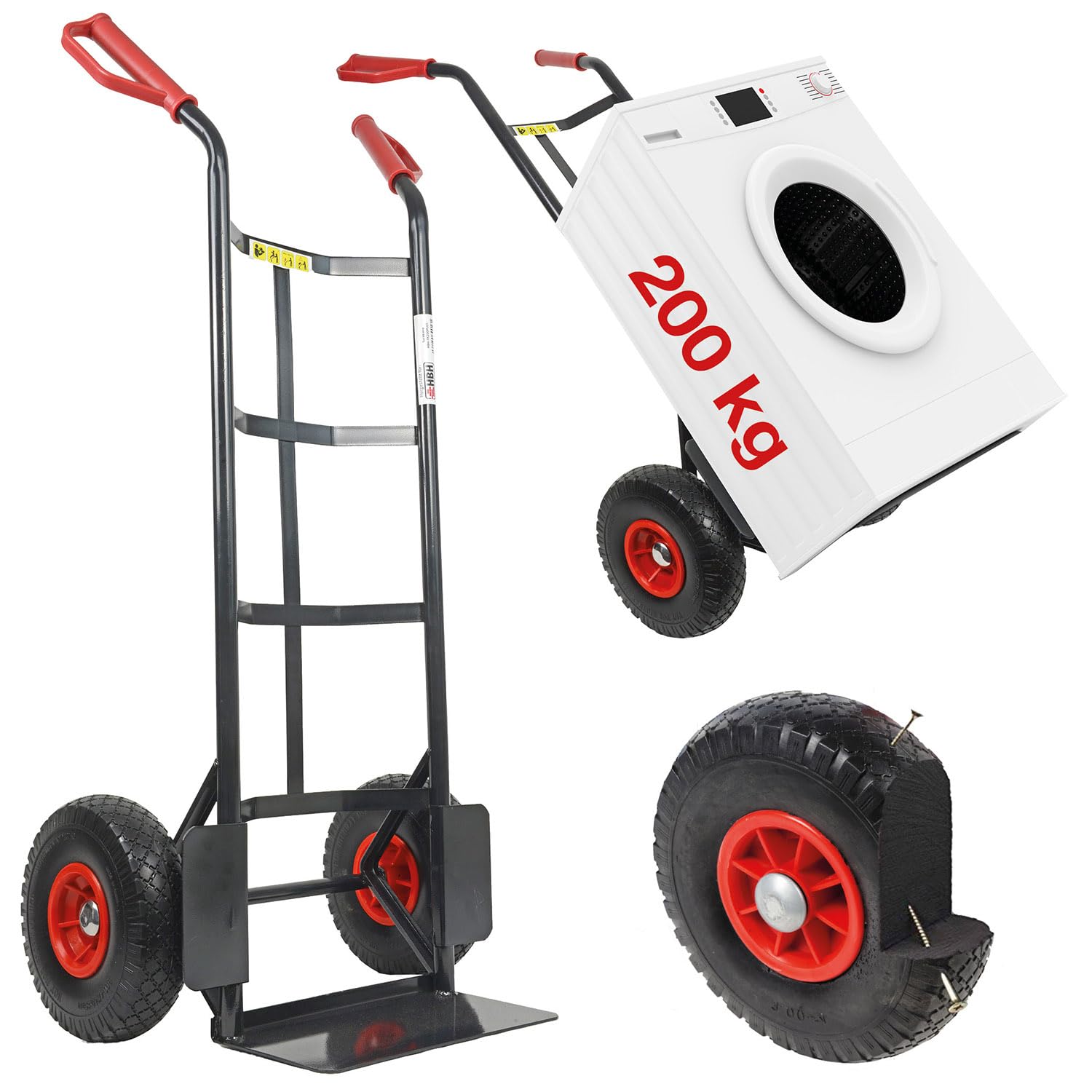 HBH Sackkarre 200kg Vollgummireifen TK200PU01 Transportkarre, schwarz, pannensicheres PU-Rad, kugelgelagert, robuster Stahlrohrrahmen, Sicherheitsgriffe, ideal für Haus, Garten, Werkstatt & Umzug