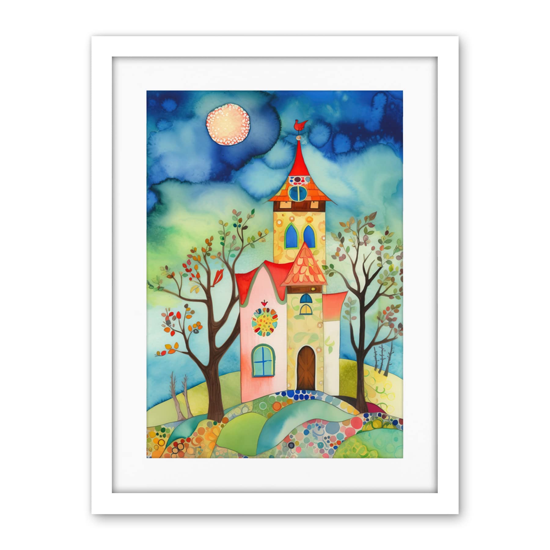 Artery8 Countryside Chapel Folk Art Watercolour Painting Artwork Framed Wall Art Print 18X24 Inch