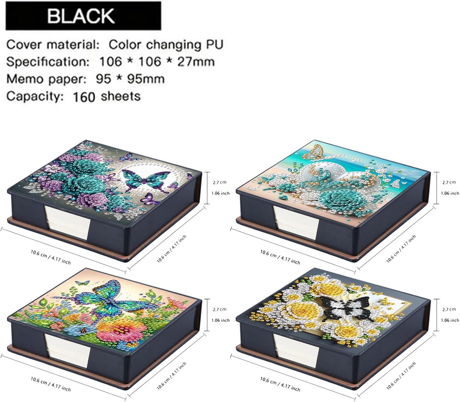 4PCS Diamond Art Painting Notecard Box- Sticky Note Box with Total 640 (160 Pages Each) Sheets of Paper, Gem Art Sticky Note Holder,Memo Pad for Office Desk(Flower and Butterflies)