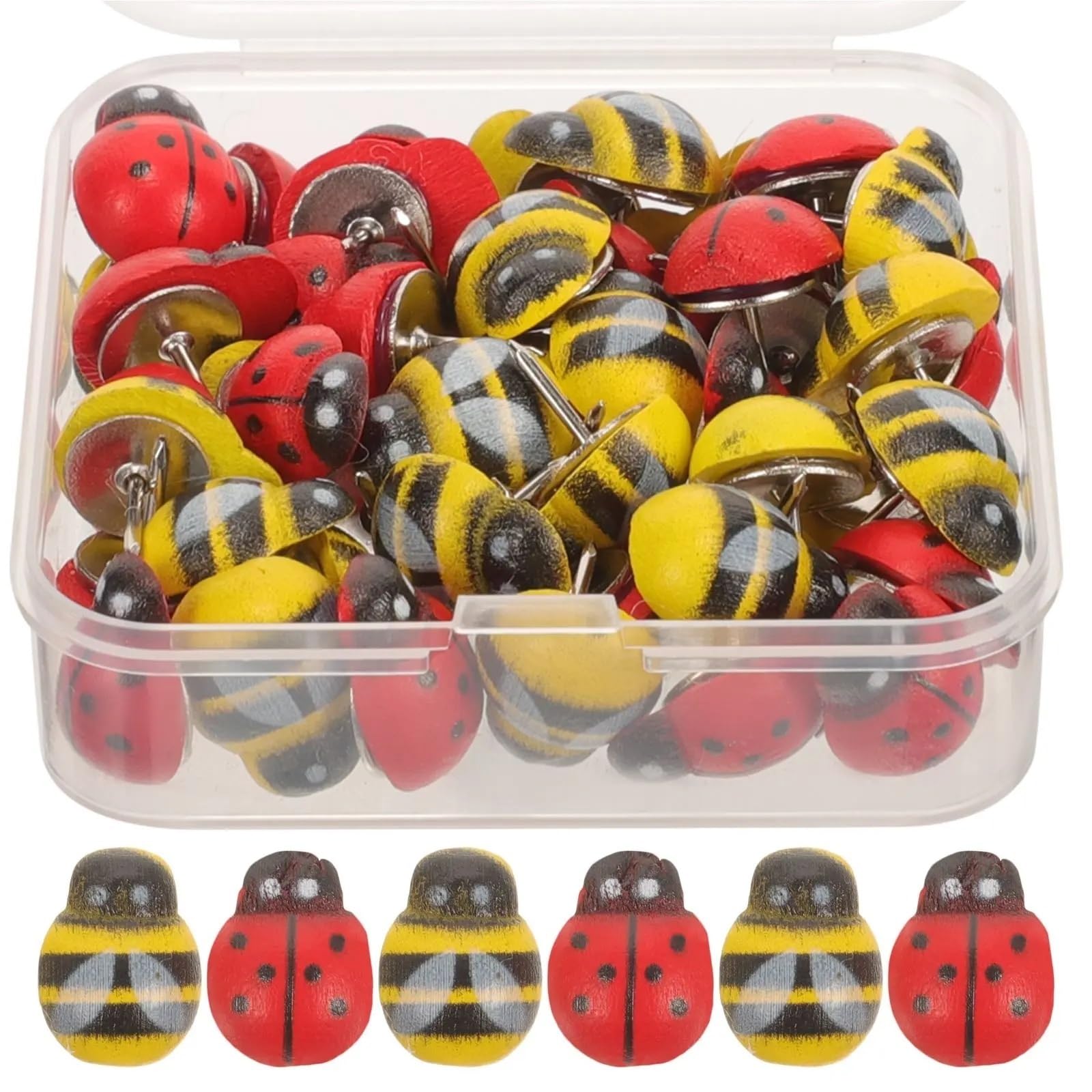 100 chinchetas de madera con diseño de mariquita de abeja para oficina, hogar, dibujos animados, accesorios de escritorio con forma de animal, para tablón de anuncios, tablero de corcho y mapa