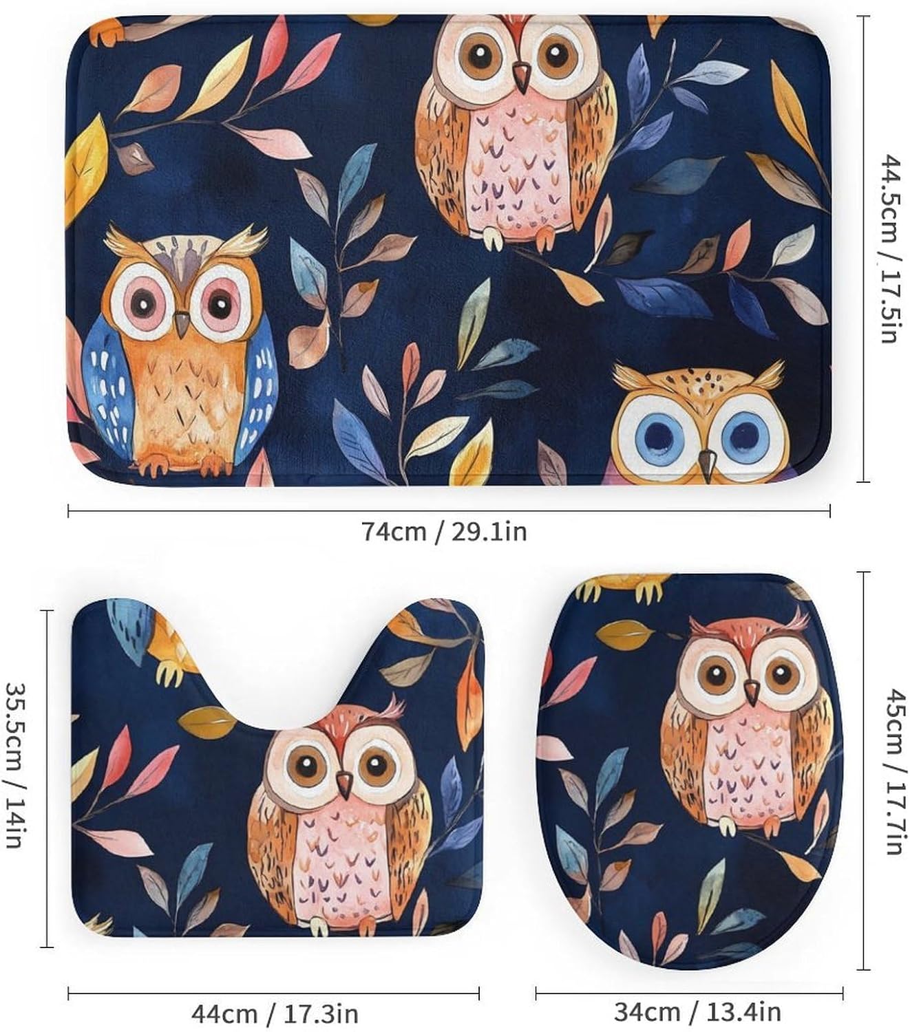 Colorful Owls and Leaves Modern Bathroom Sets with Shower Curtain and Rugs Decor 4 Pcs with 12 Hooks