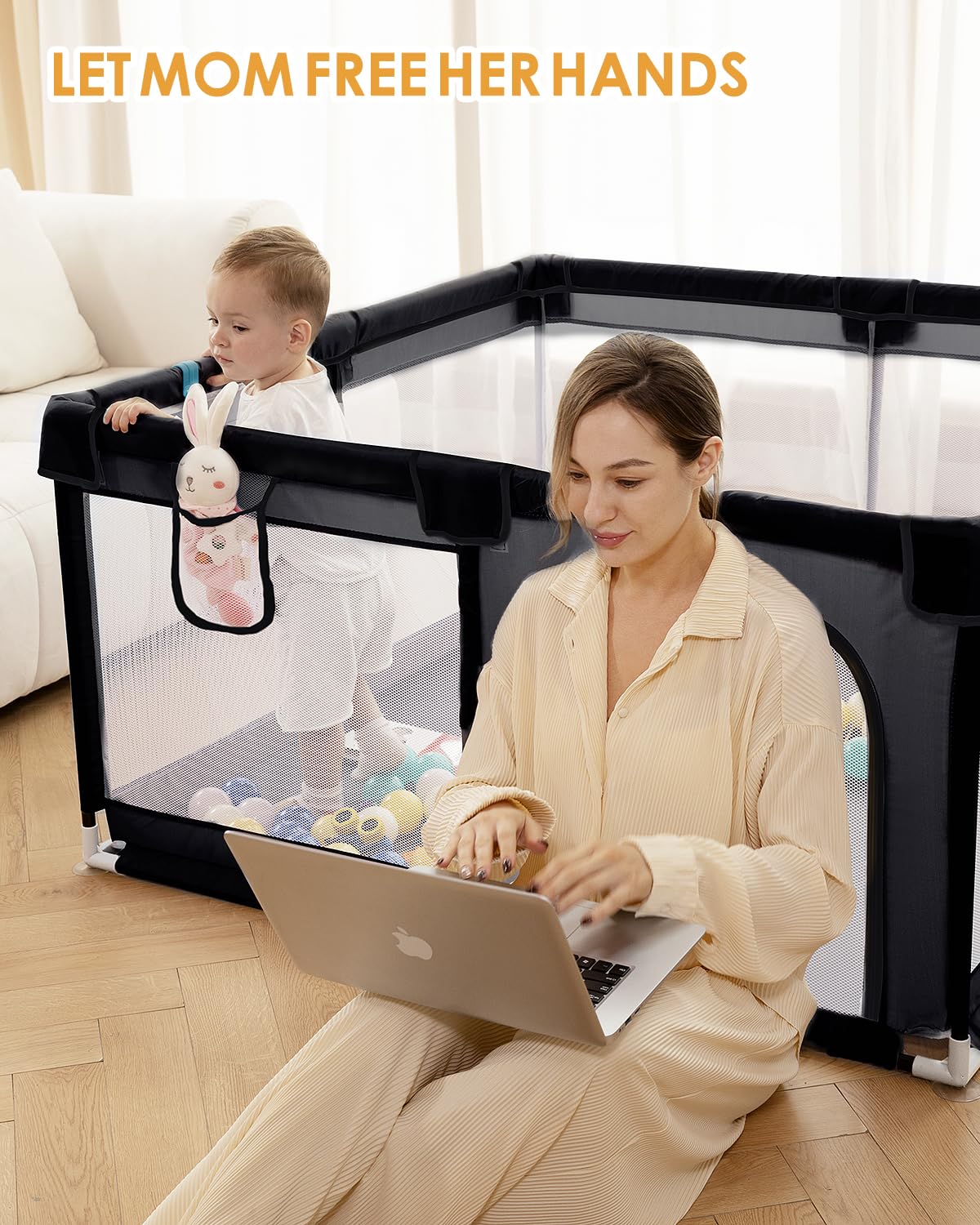 71" x 59" Extra Large Baby Playpen for Babies and Toddlers, Safe Activity Center with Soft Play Fence, Indoor Safety Yard, Easy to Assemble and Clean (Black)