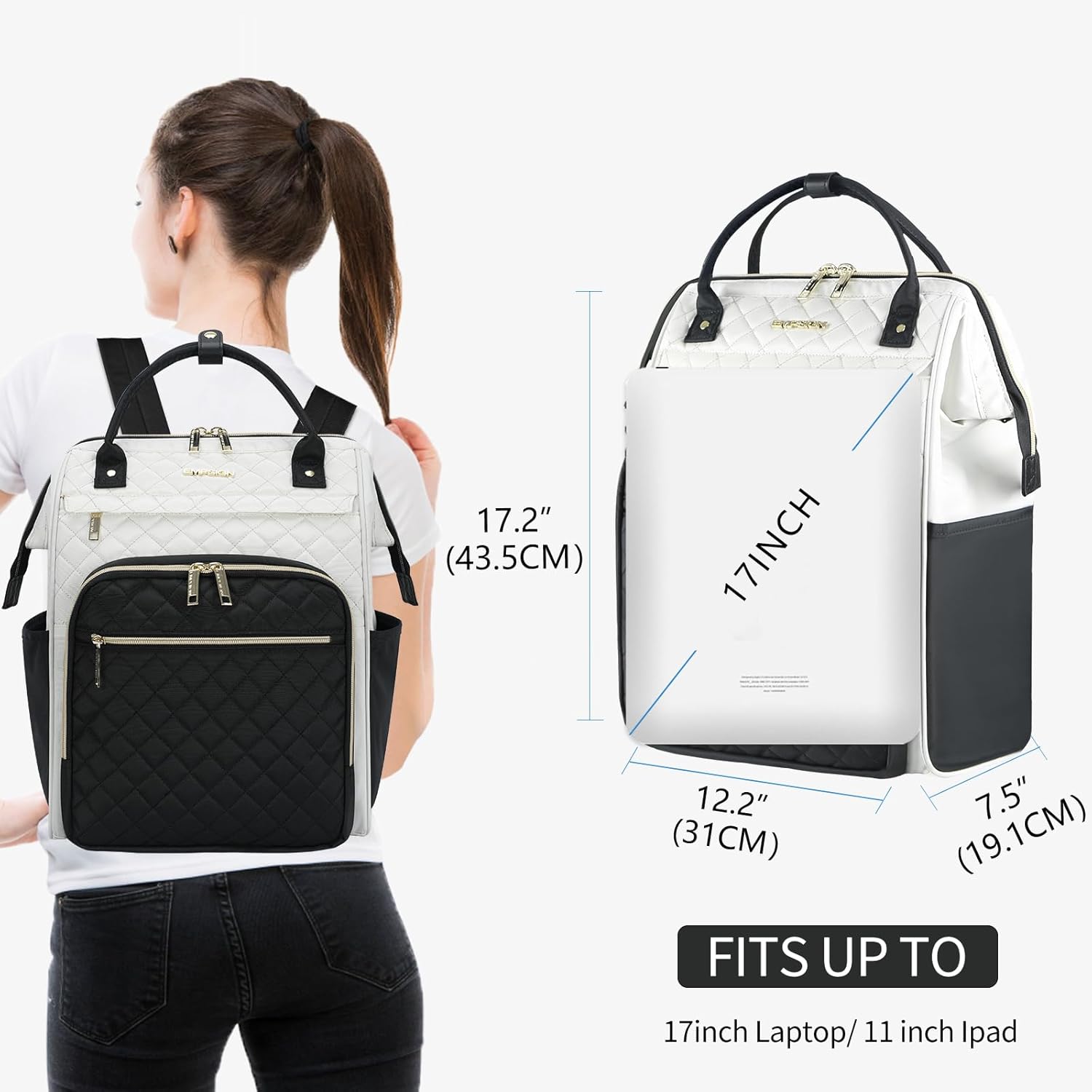 EMPSIGN 17 Inch Laptop Backpack for Women, Work Business Travel Computer College Bags, Large Capacity Water-repellent Quilted Casual Daypack with USB Port, Beige-Black