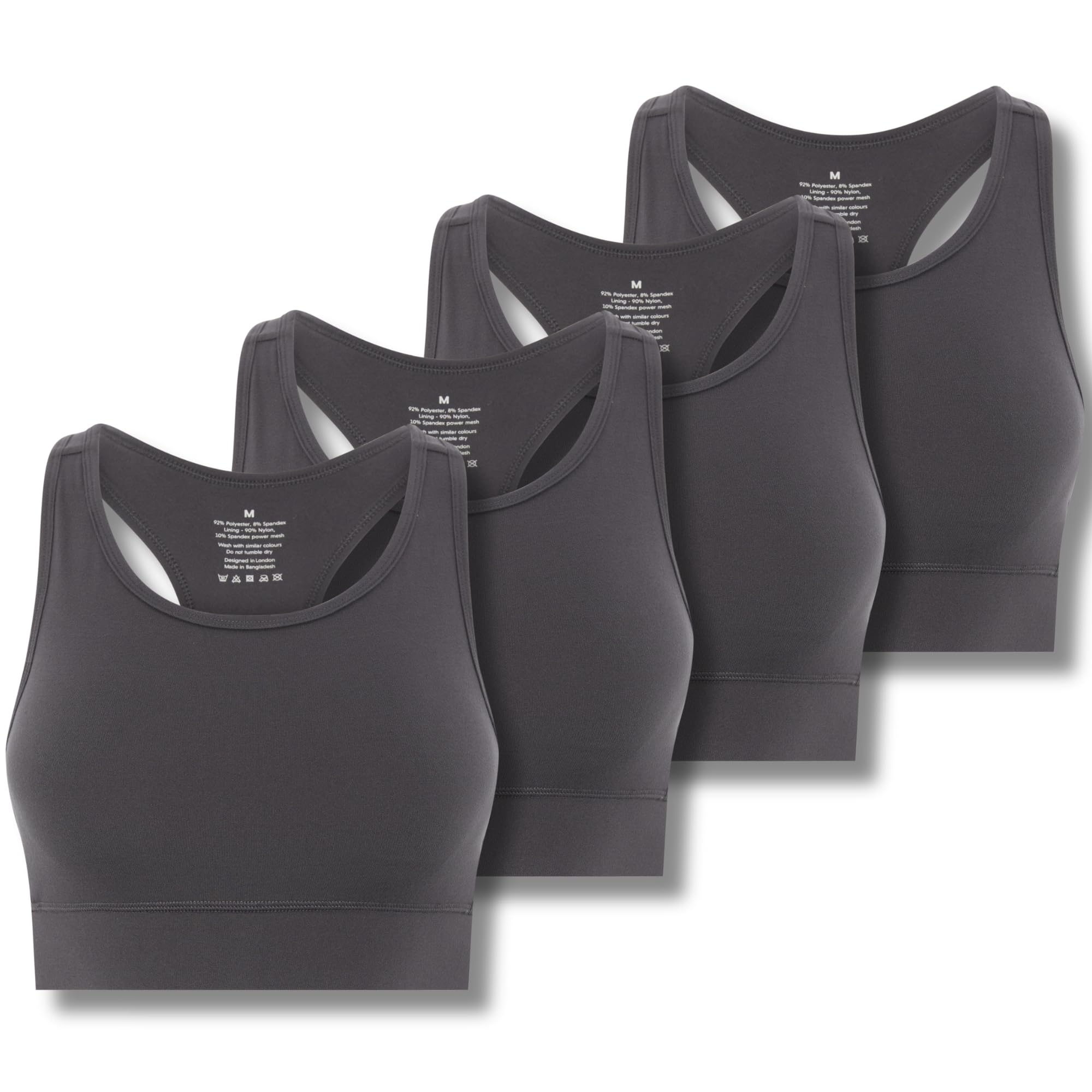 Fm London Women's Charcoal 4Pk Racerback Sports Bra (Uk, Alpha, Xs, S, Regular, Regular, )