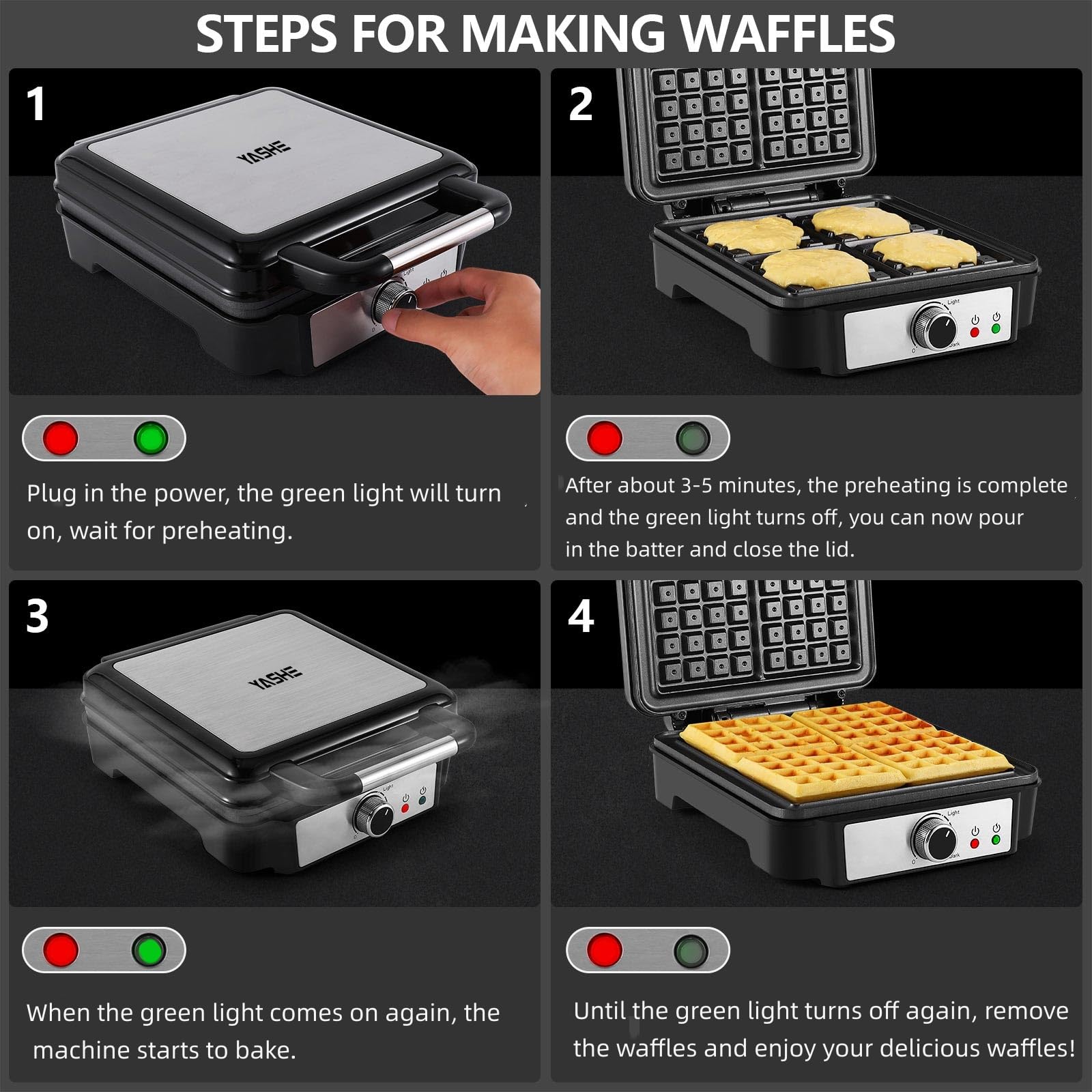 YASHE belgijska wafelka, 4-plastrowa wafelka kwadratowa, Wafelka o mocy 1200W z 5 pokrętłem do regulacji rumienienia, Lampki kontrolne, Anty-przelew, Powłoka nieprzywierająca, 1200W, Srebrno/czarna