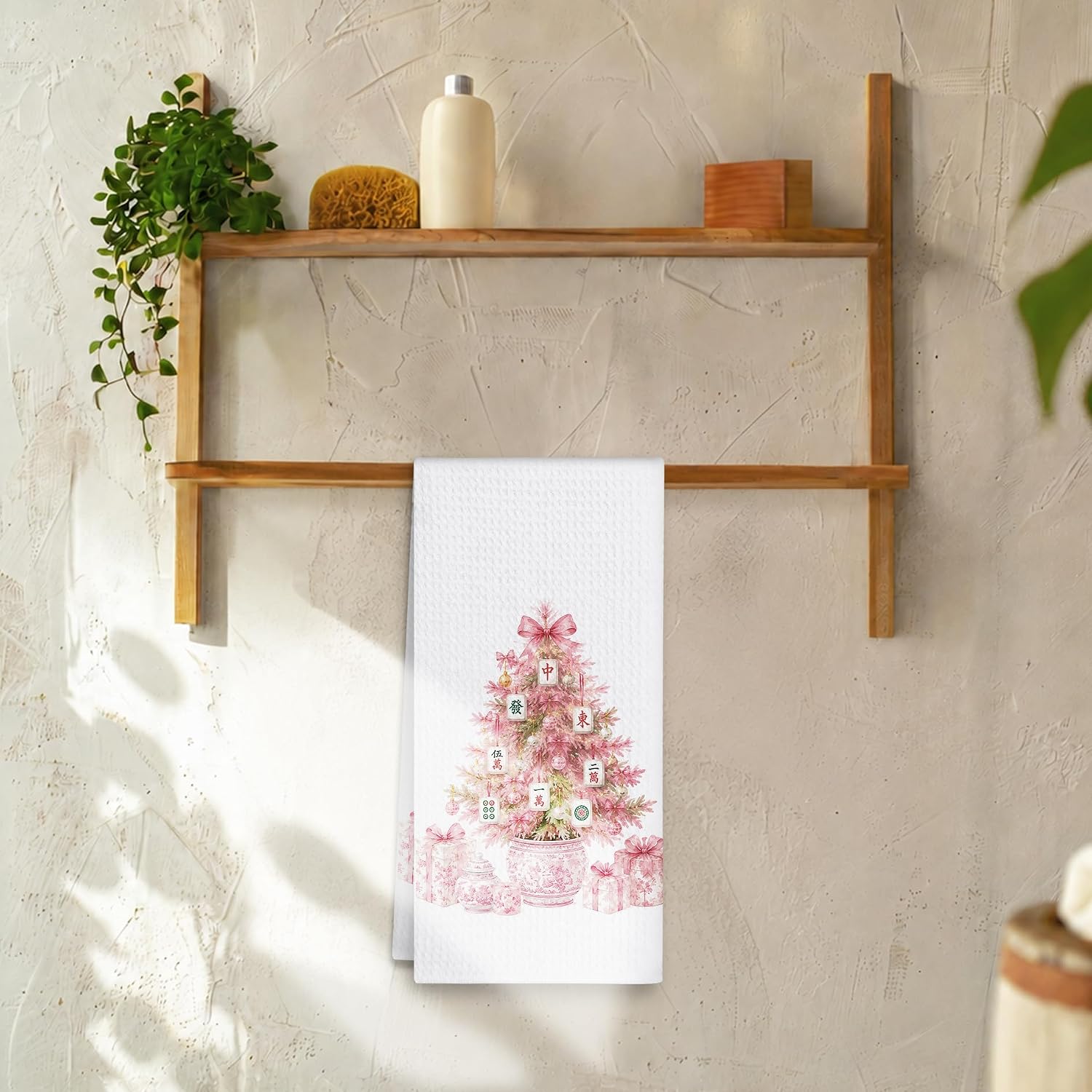 Pink Chinoiserie Christmas Mahjong Tree Kitchen Towels Mahjong Players Lovers Gifts, Coquette Preppy Grandmillennial Mahjong Hand Dish Towel for Kitchen Bathroom Decor 16x24 image 3