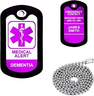 Purple Medical Alert - Dementia - Customized Aluminum Medical ID Tag with 24" Stainless Steel Necklace - Made in USA
