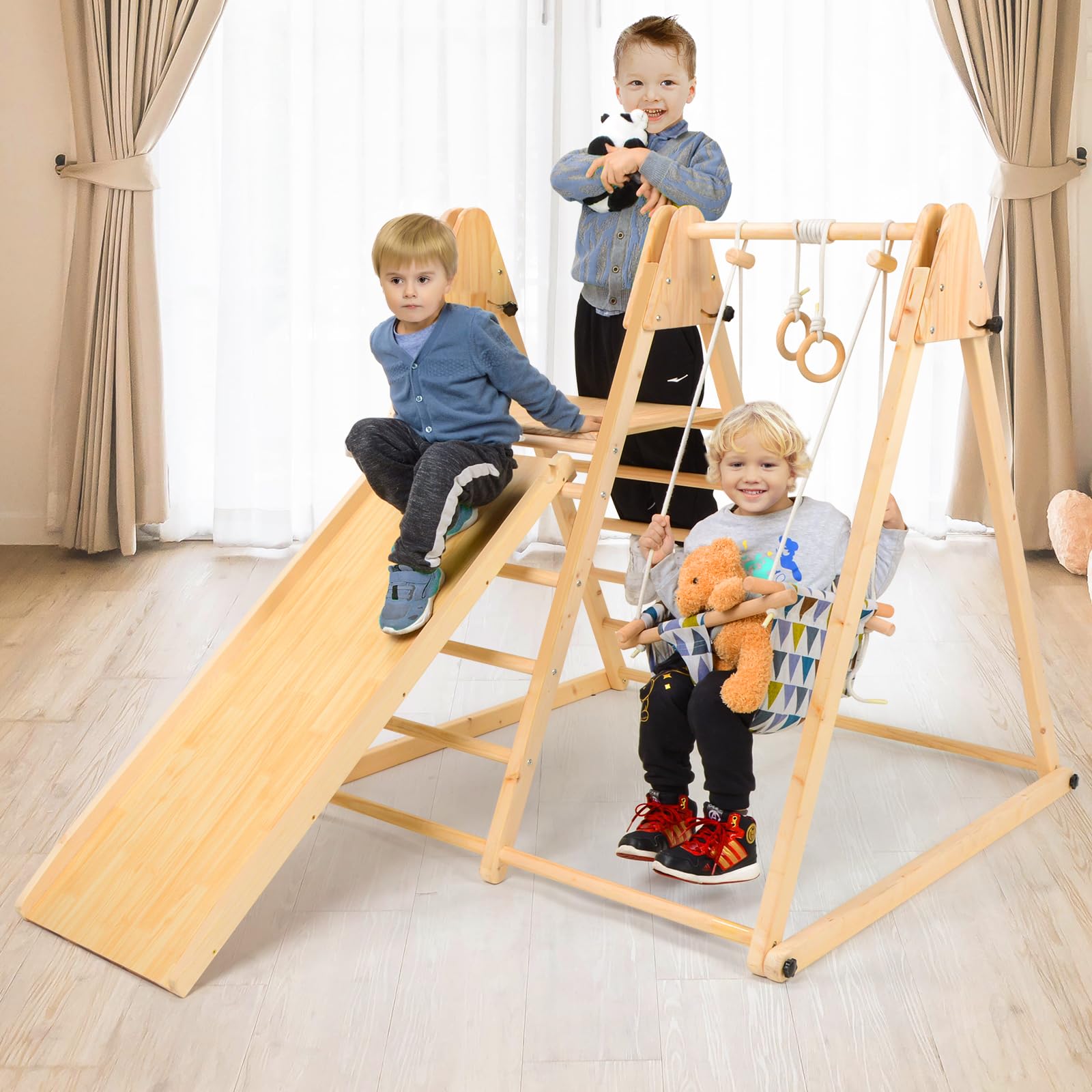 Ogelo Climber Indoor Playground Wood Playset 7-in-1 Montessori Jungle Gym, Ramp, Slide, Swing, Swedish Ladder, Monkey Bar, Rings, Rock Wall Dome Toddler Kid 1-6 Years